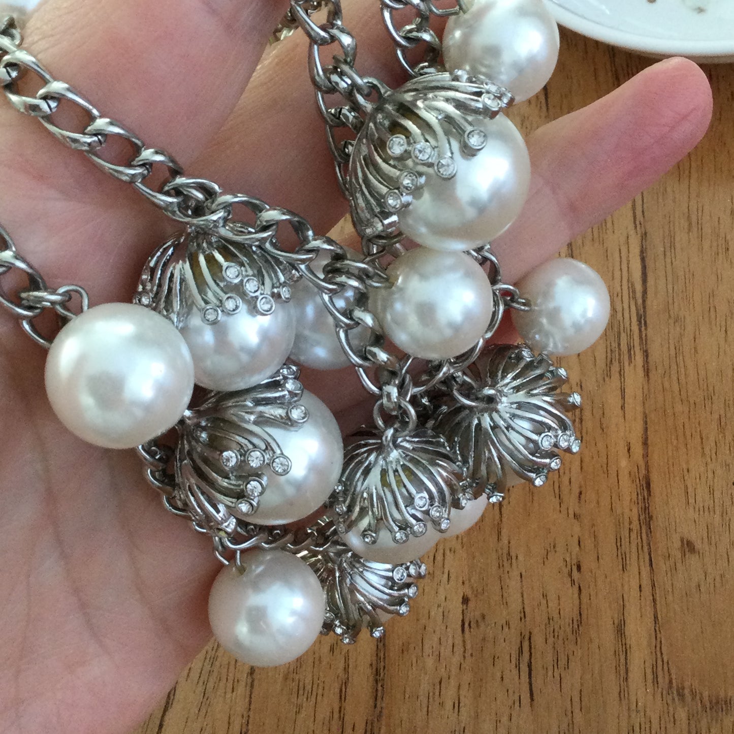 M&S Per Una Chunky Statement Necklace Simulated Pearls With Silver Tone Curb Chain Dangling Diamante