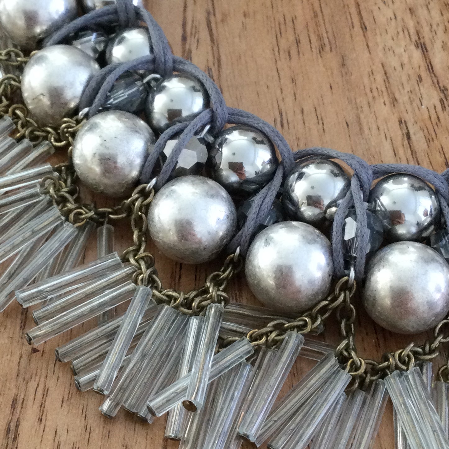 M&S Per Una Statement Chunky Necklace. Antique Gold Tone With Grey & Silver Colour Beads. Vintage Look.