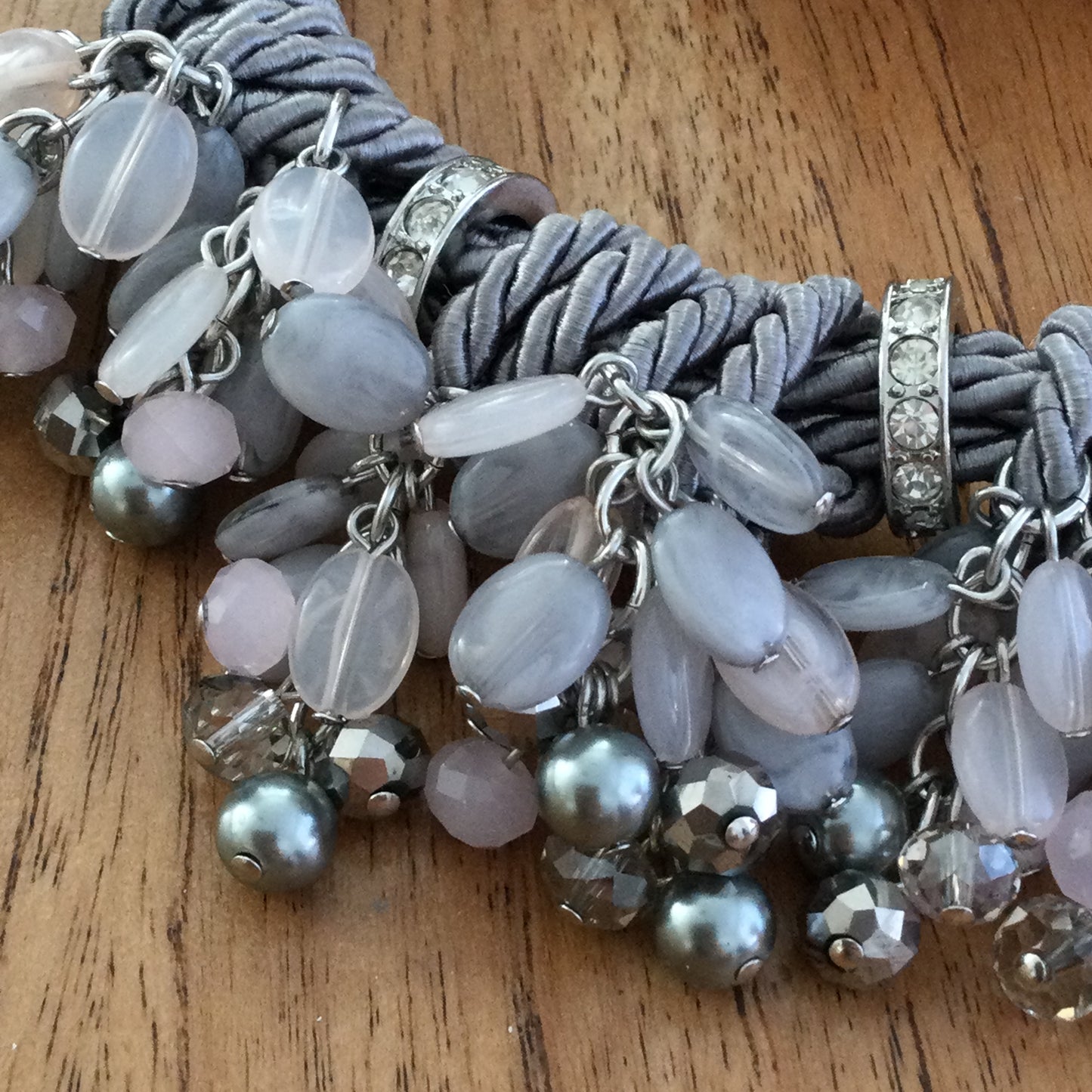 M&S Per Una Statement Silver Tone Necklace with Woven Grey Satin Feel Rope, Rhinestones, &Pale Grey & Pink Dangling Beads
