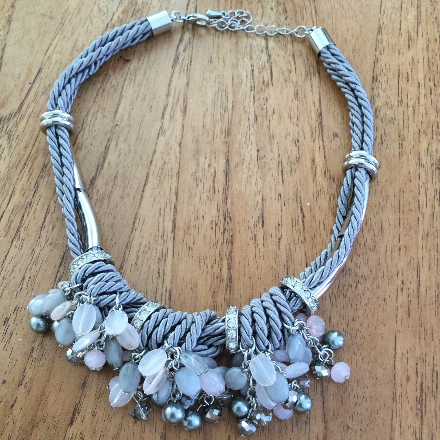 M&S Per Una Statement Silver Tone Necklace with Woven Grey Satin Feel Rope, Rhinestones, &Pale Grey & Pink Dangling Beads