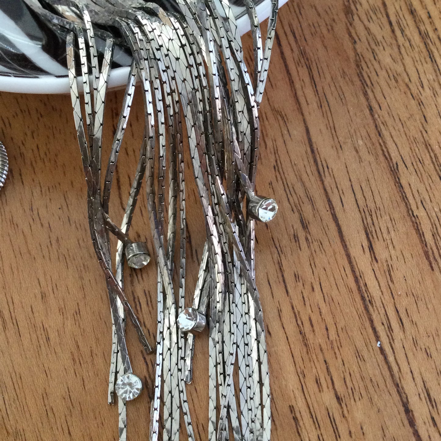 M&S Long Necklace Silver Tone Bib Style With Dangling Diamante. Party Necklace Boho Festival