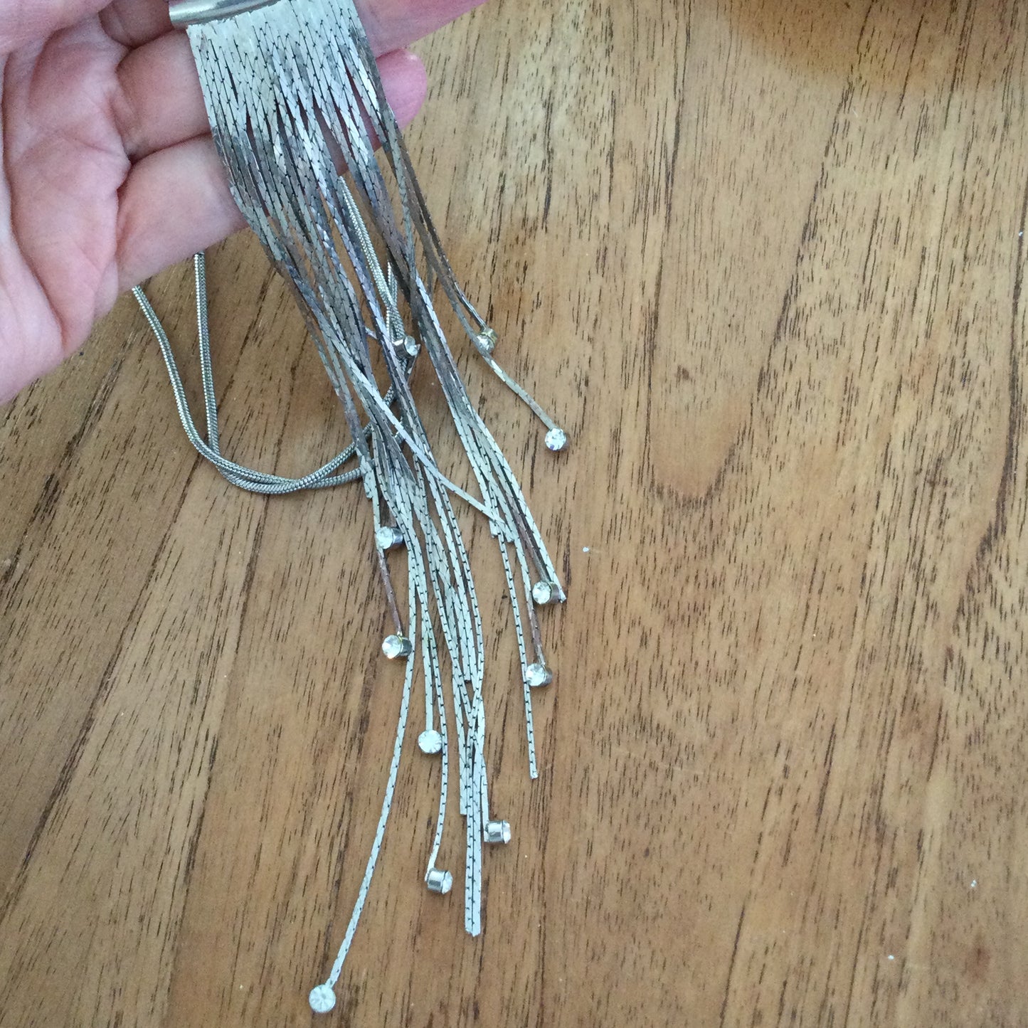 M&S Long Necklace Silver Tone Bib Style With Dangling Diamante. Party Necklace Boho Festival
