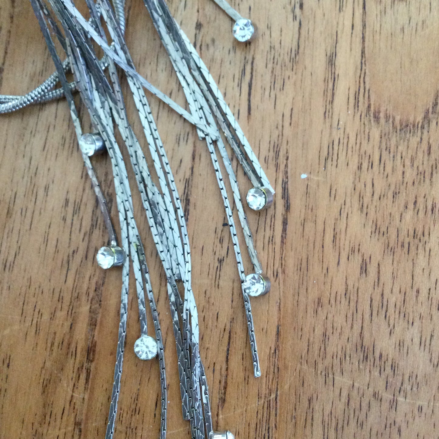 M&S Long Necklace Silver Tone Bib Style With Dangling Diamante. Party Necklace Boho Festival