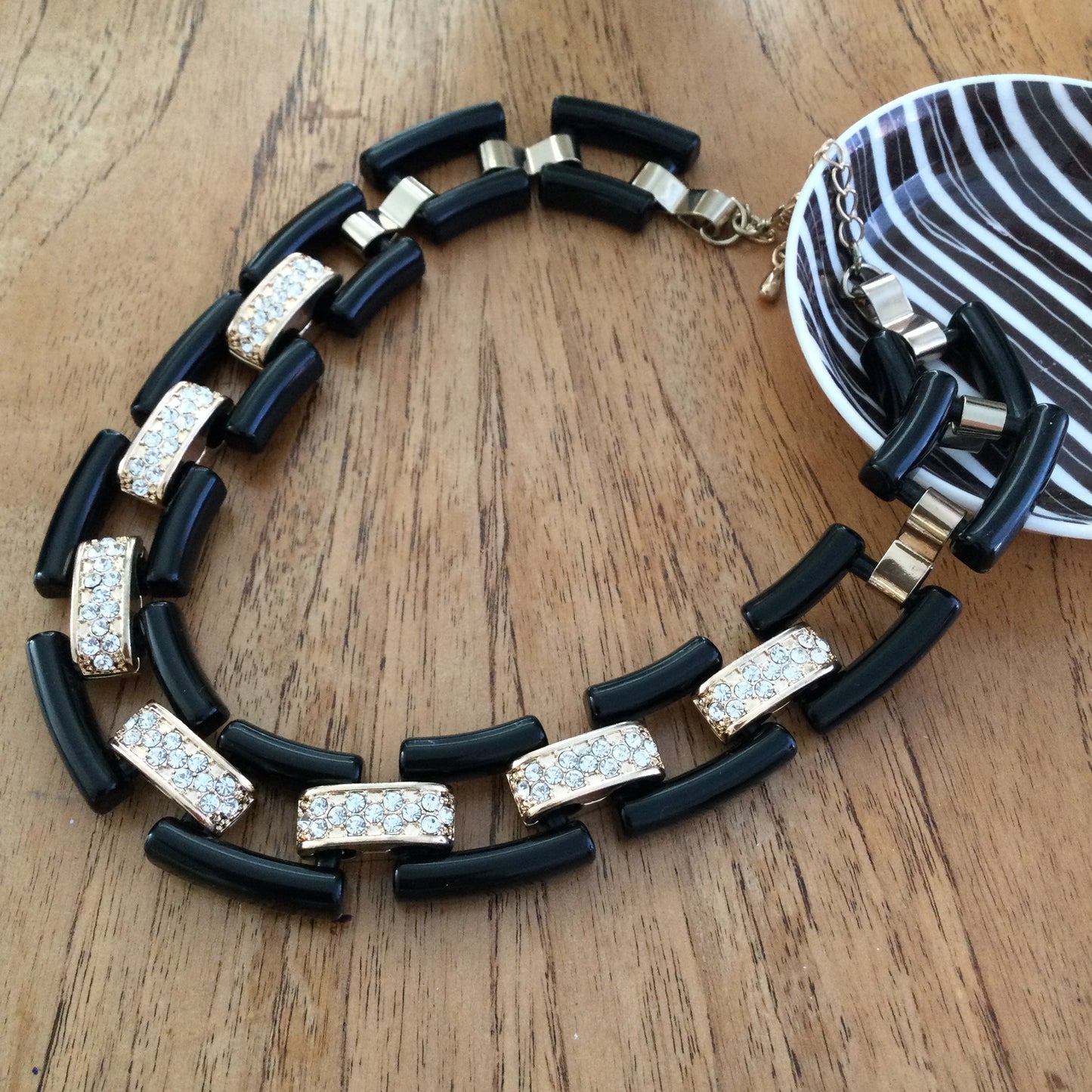 M&S Statement Chunky Collar / Choker Necklace, 1980s Style Gold Tone & Black With Diamante