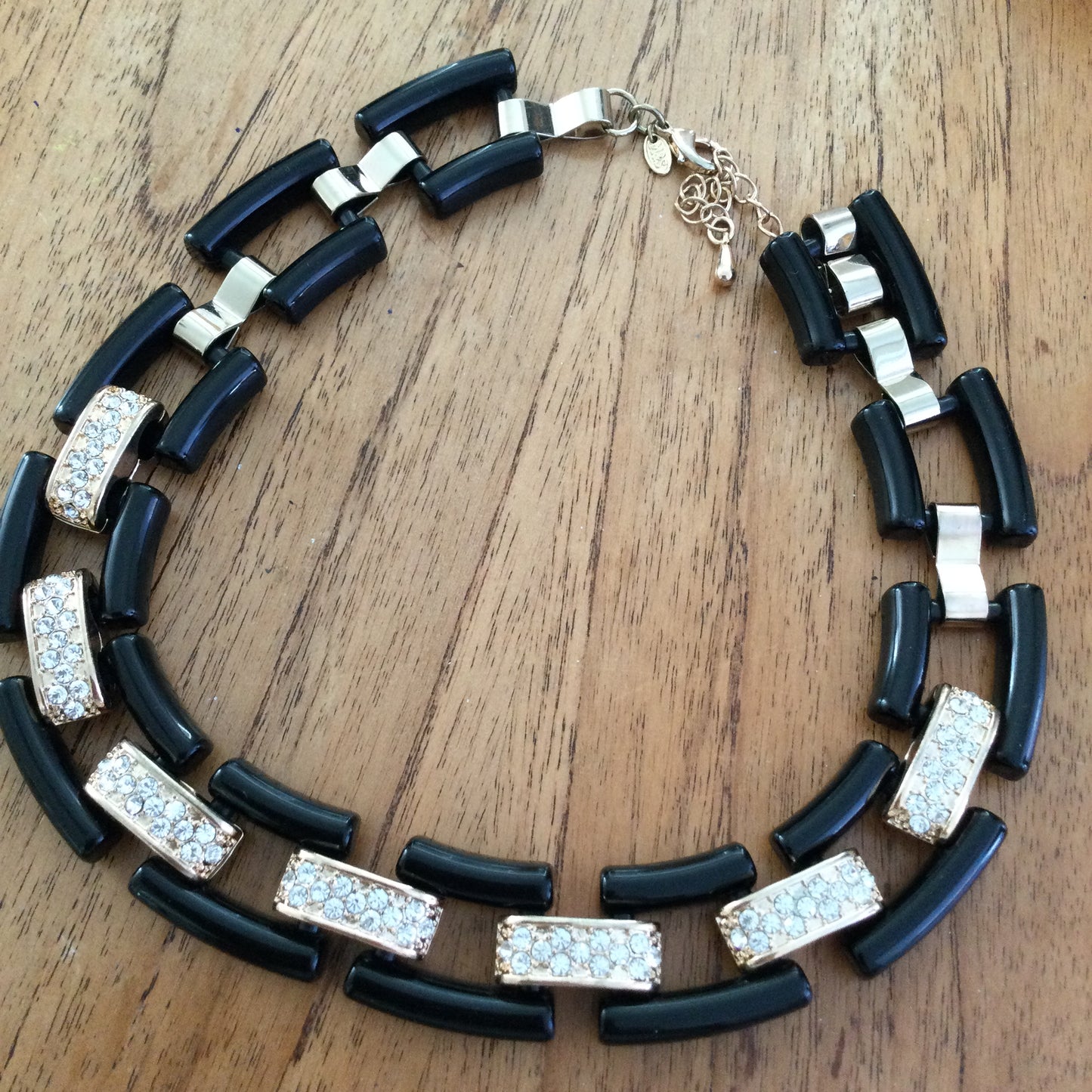 M&S Statement Chunky Collar / Choker Necklace, 1980s Style Gold Tone & Black With Diamante