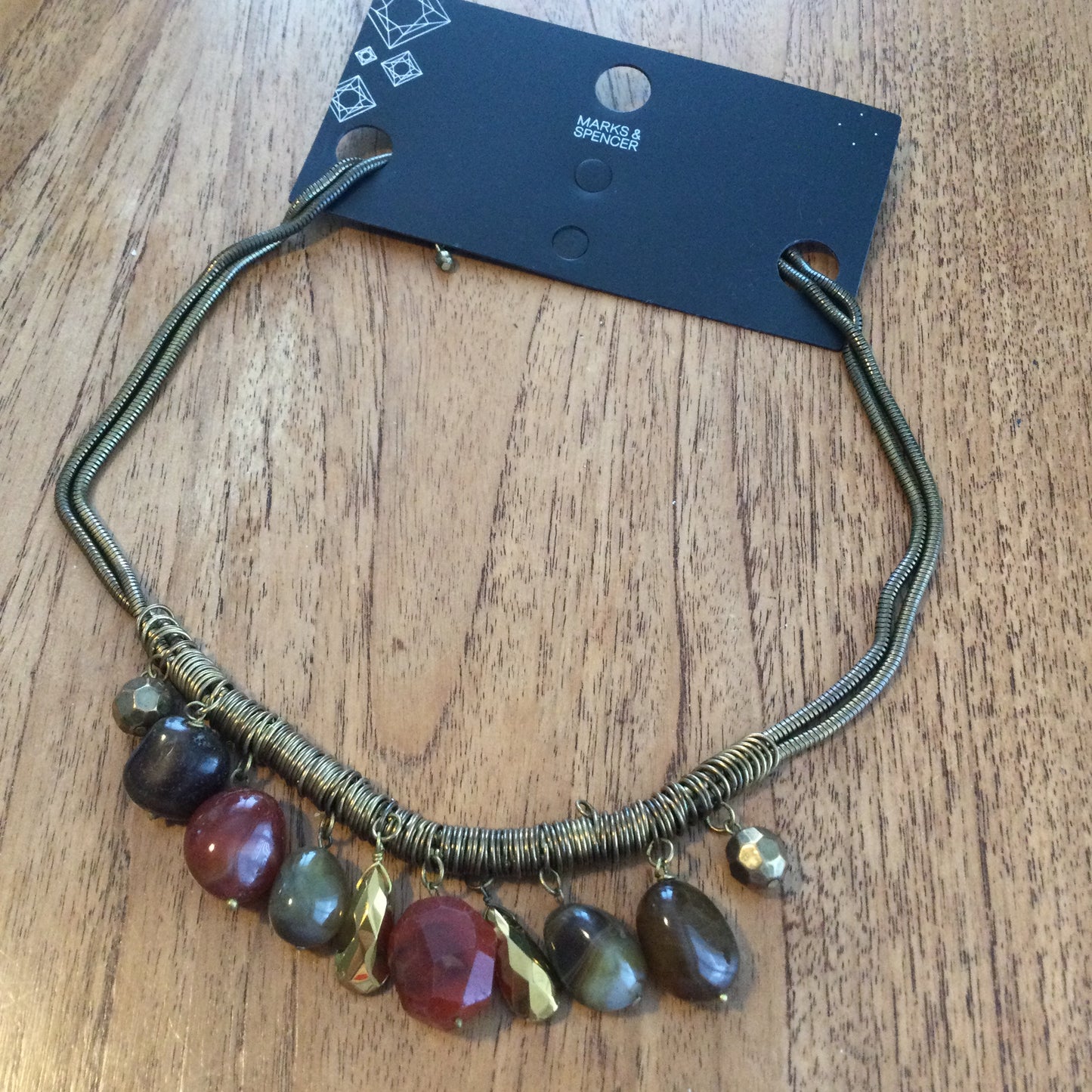 M&S Statement Boho Party Necklace. Antique Gold Tone With Brown Dangling Stones. Hypo-Allergenic For Sensitive Skin