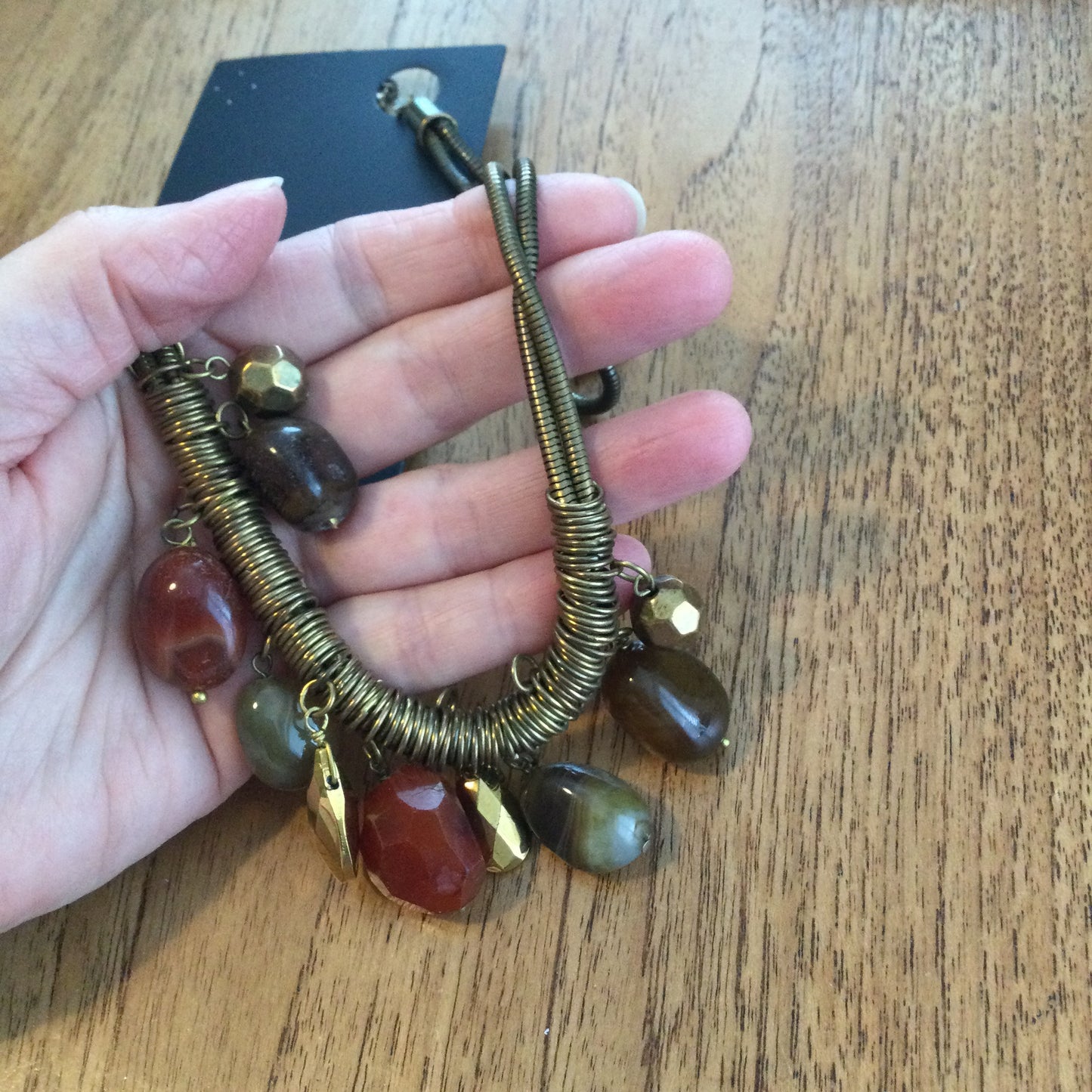 M&S Statement Boho Party Necklace. Antique Gold Tone With Brown Dangling Stones. Hypo-Allergenic For Sensitive Skin