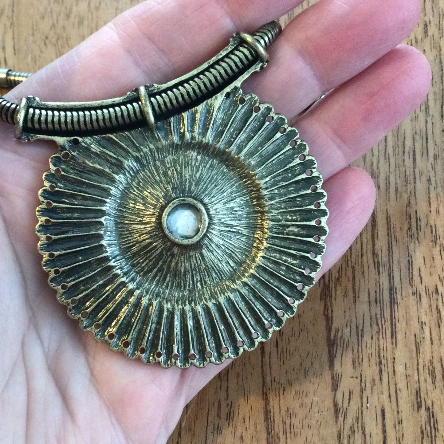 Per Una Antique Gold / Brass Tone Statement Necklace. Medallion shape pendant with grey crystal stone.Bold Design