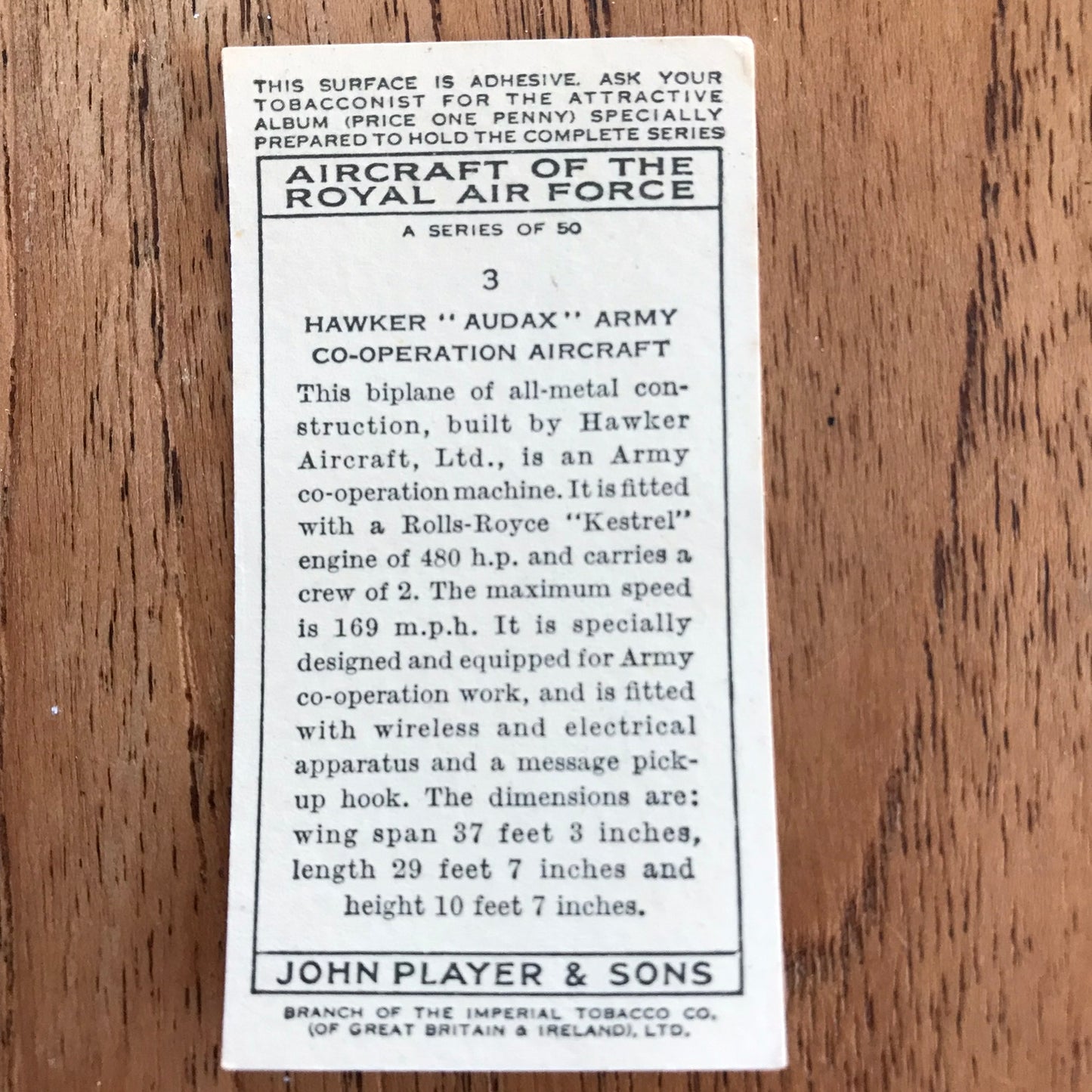 Aircraft Of The Royal Air Force. Player's cigarette cards. 1938. Sold individually. Take your pick!