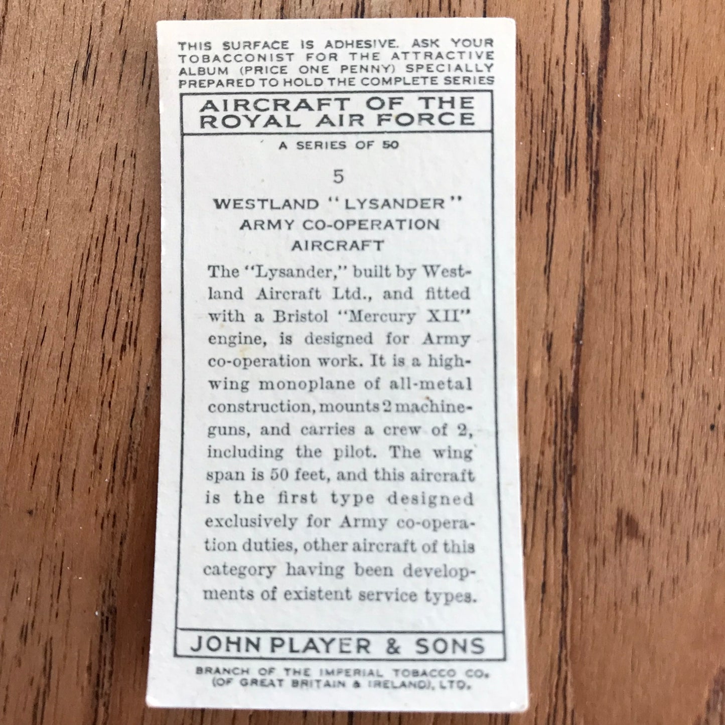 Aircraft Of The Royal Air Force. Player's cigarette cards. 1938. Sold individually. Take your pick!