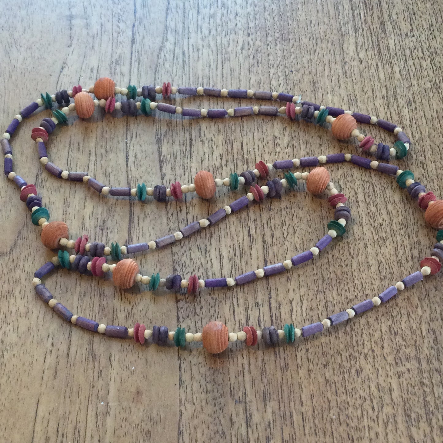 Long Vintage Wooden and Cork Bead Necklace - Purple Orange Beige