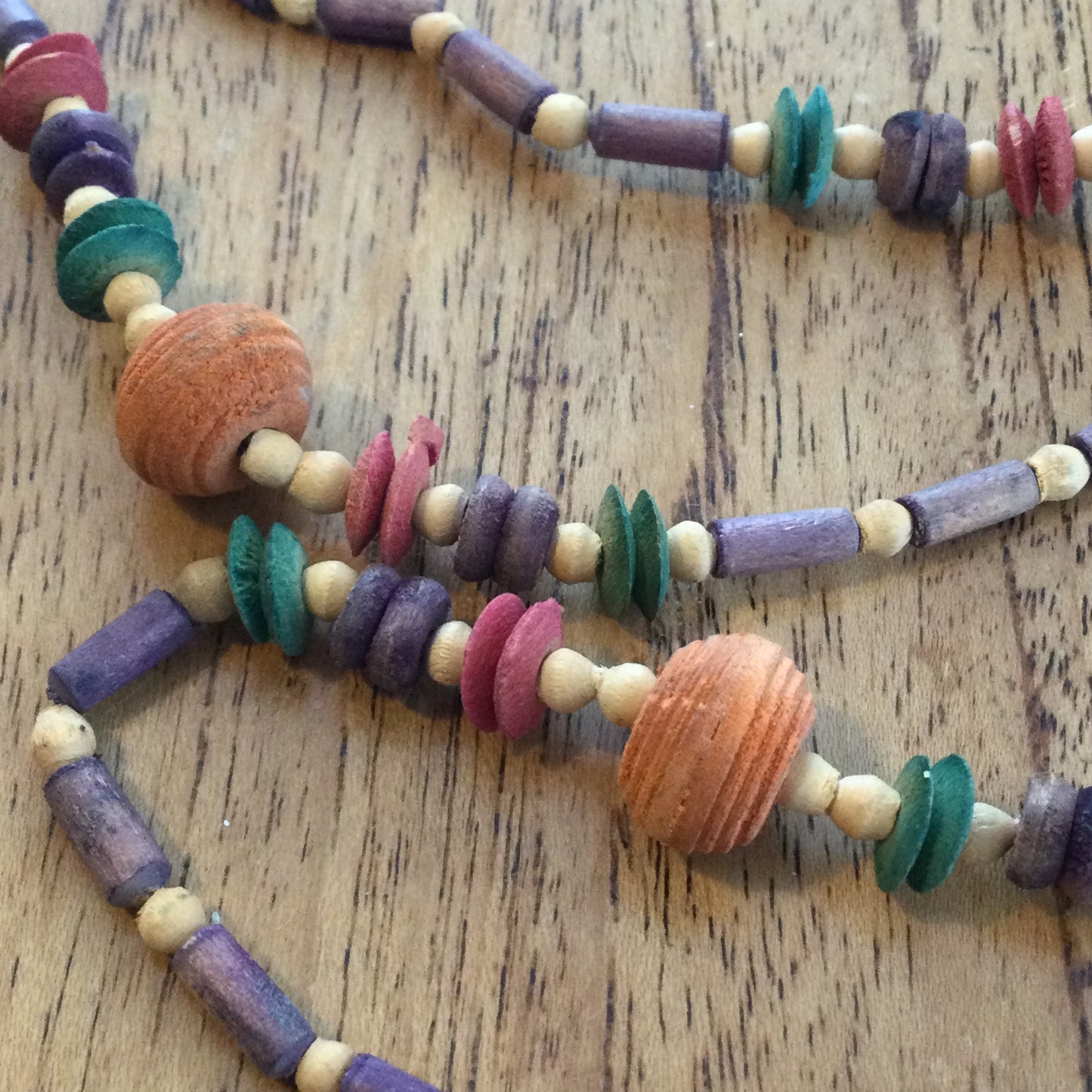 Long Vintage Wooden and Cork Bead Necklace - Purple Orange Beige