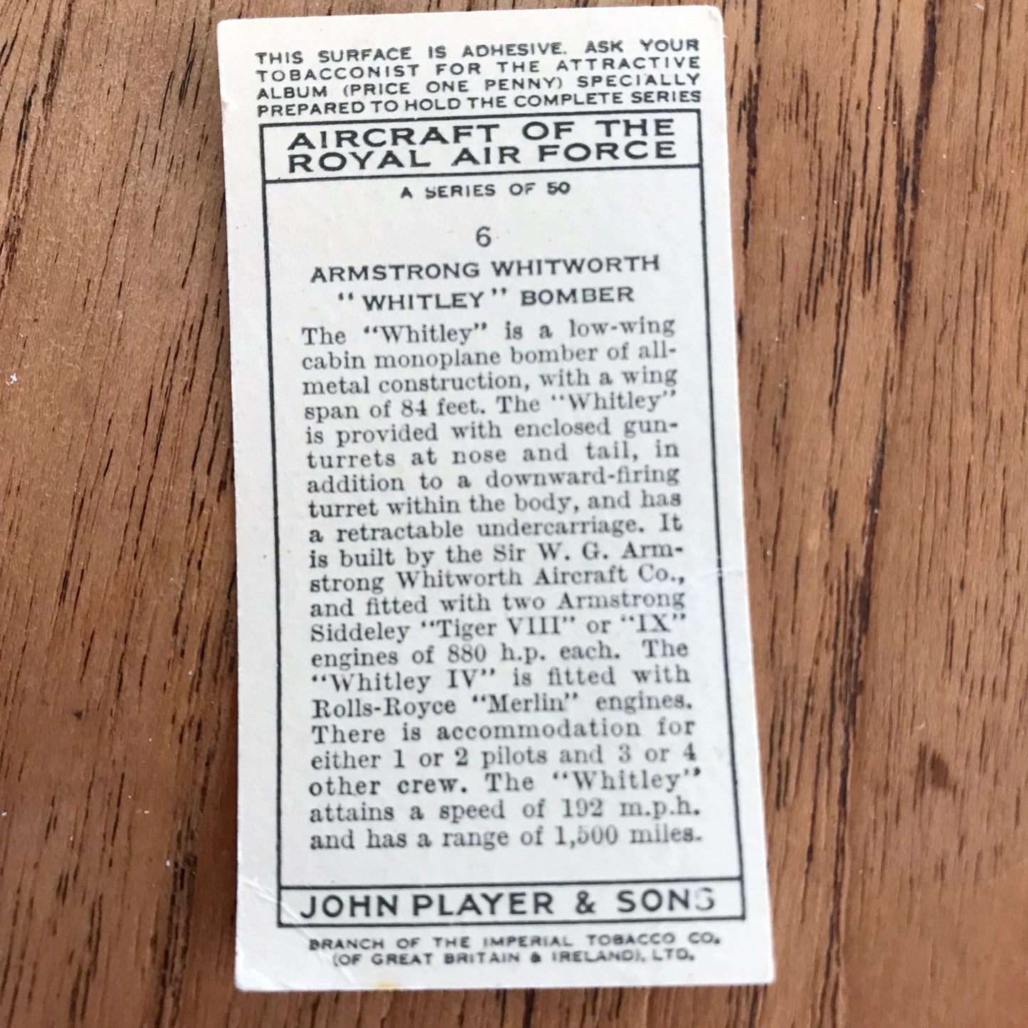 Aircraft Of The Royal Air Force. Player's cigarette cards. 1938. Sold individually. Take your pick!