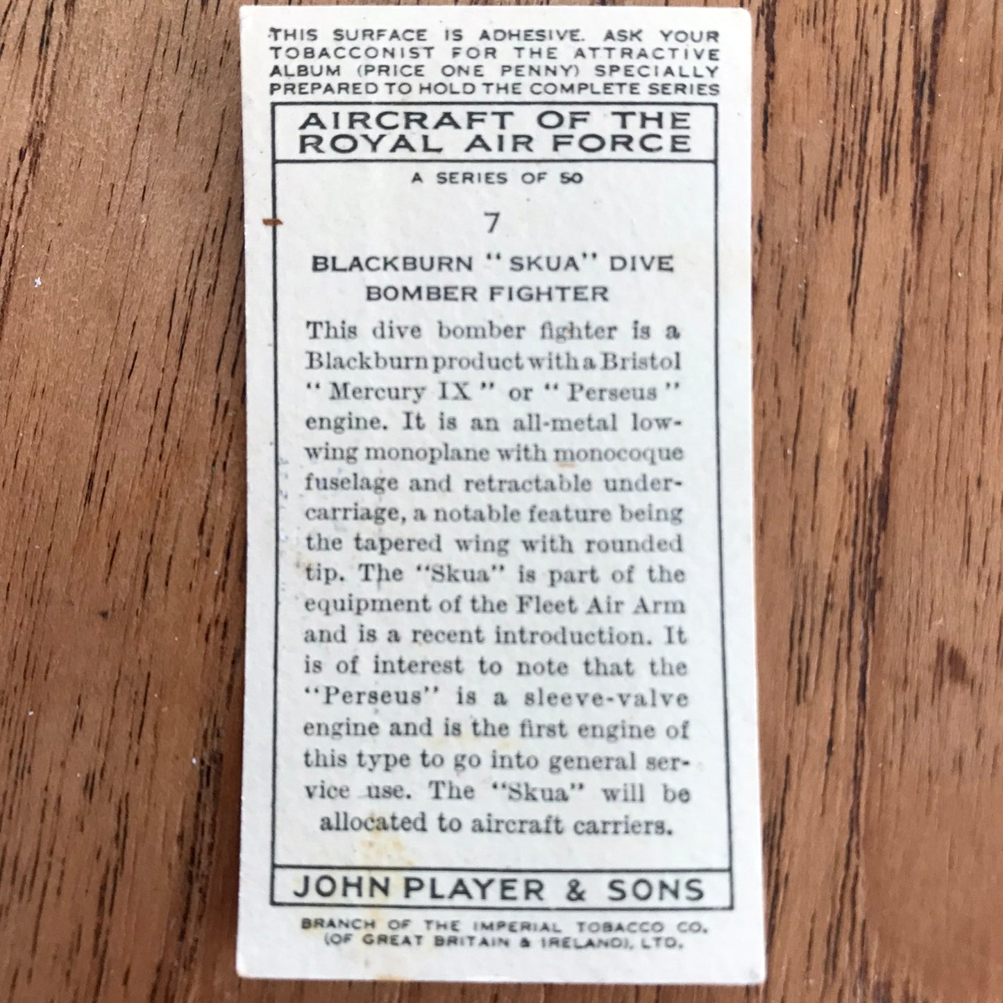 Aircraft Of The Royal Air Force. Player's cigarette cards. 1938. Sold individually. Take your pick!