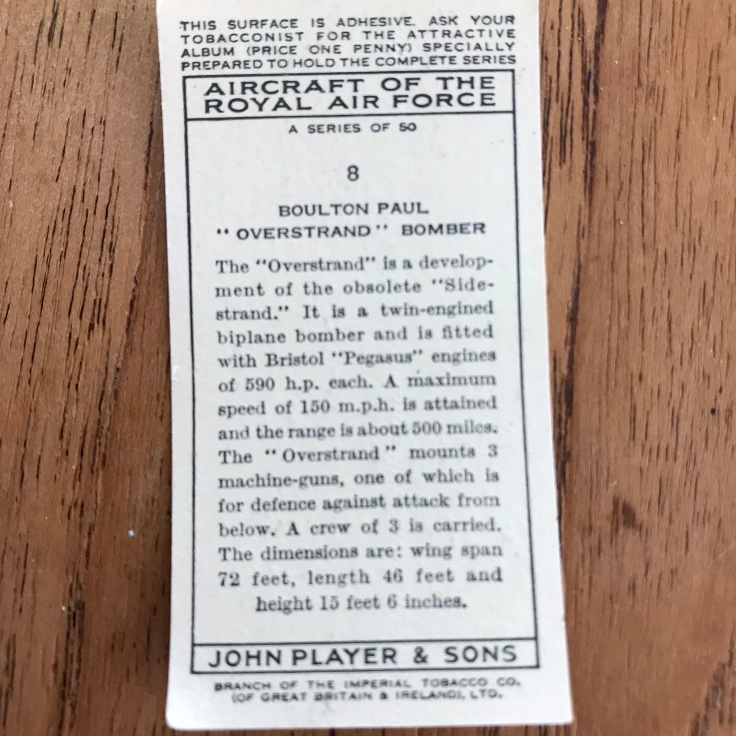 Aircraft Of The Royal Air Force. Player's cigarette cards. 1938. Sold individually. Take your pick!