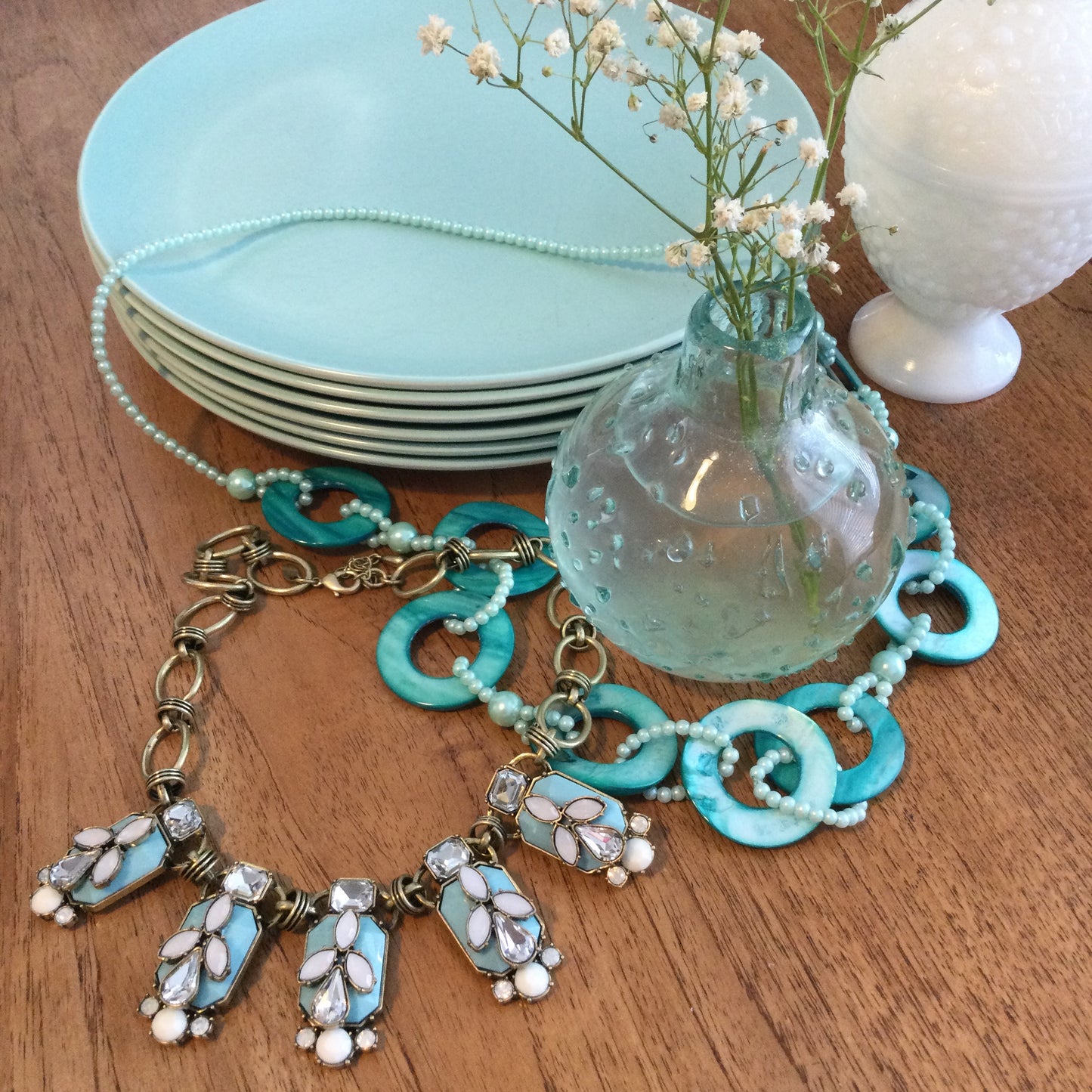 M&S Statement Collar Necklace. Antique Gold Tone With Chunky Turquoise Colour & Clear Cut Glass Stones