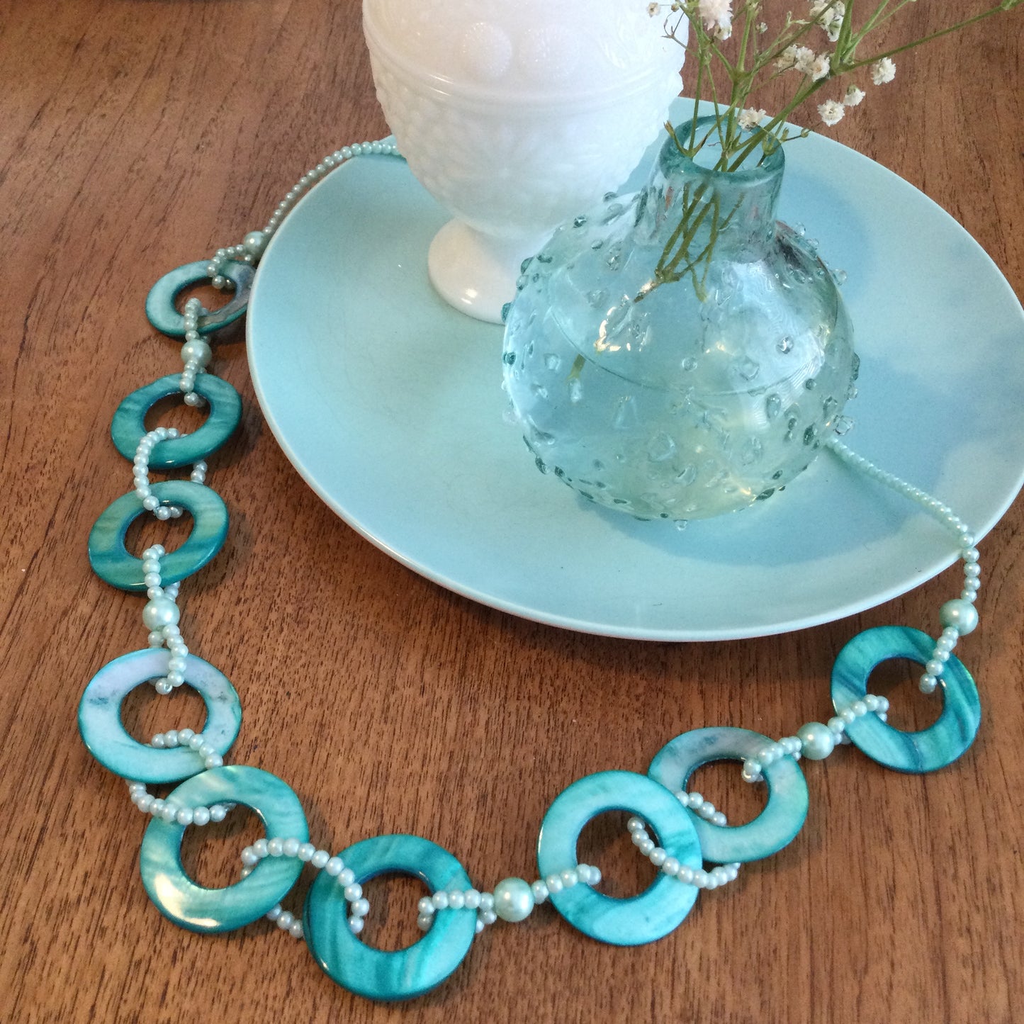 Statement Necklace Turquoise Coloured Mother Of Pearl Shell With Simulated Pearls. Summer jewellery.
