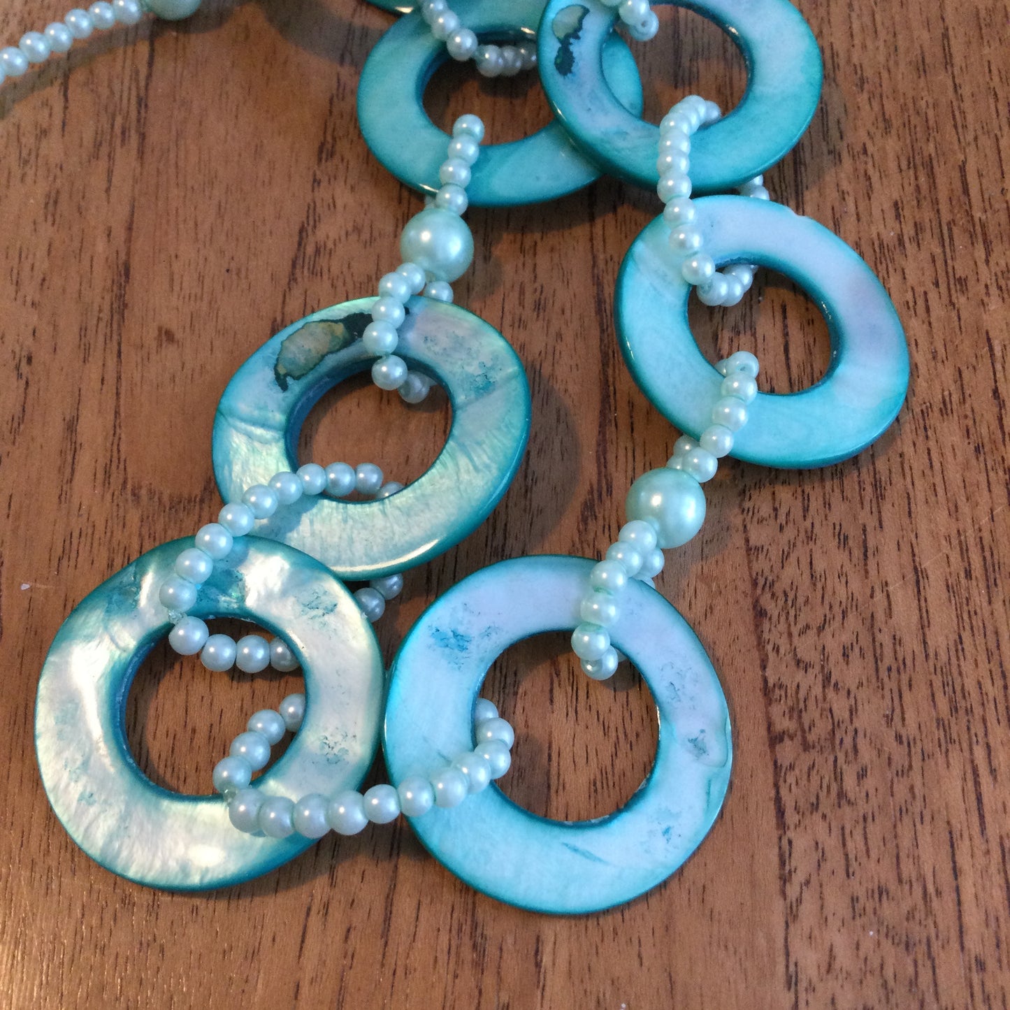 Statement Necklace Turquoise Coloured Mother Of Pearl Shell With Simulated Pearls. Summer jewellery.