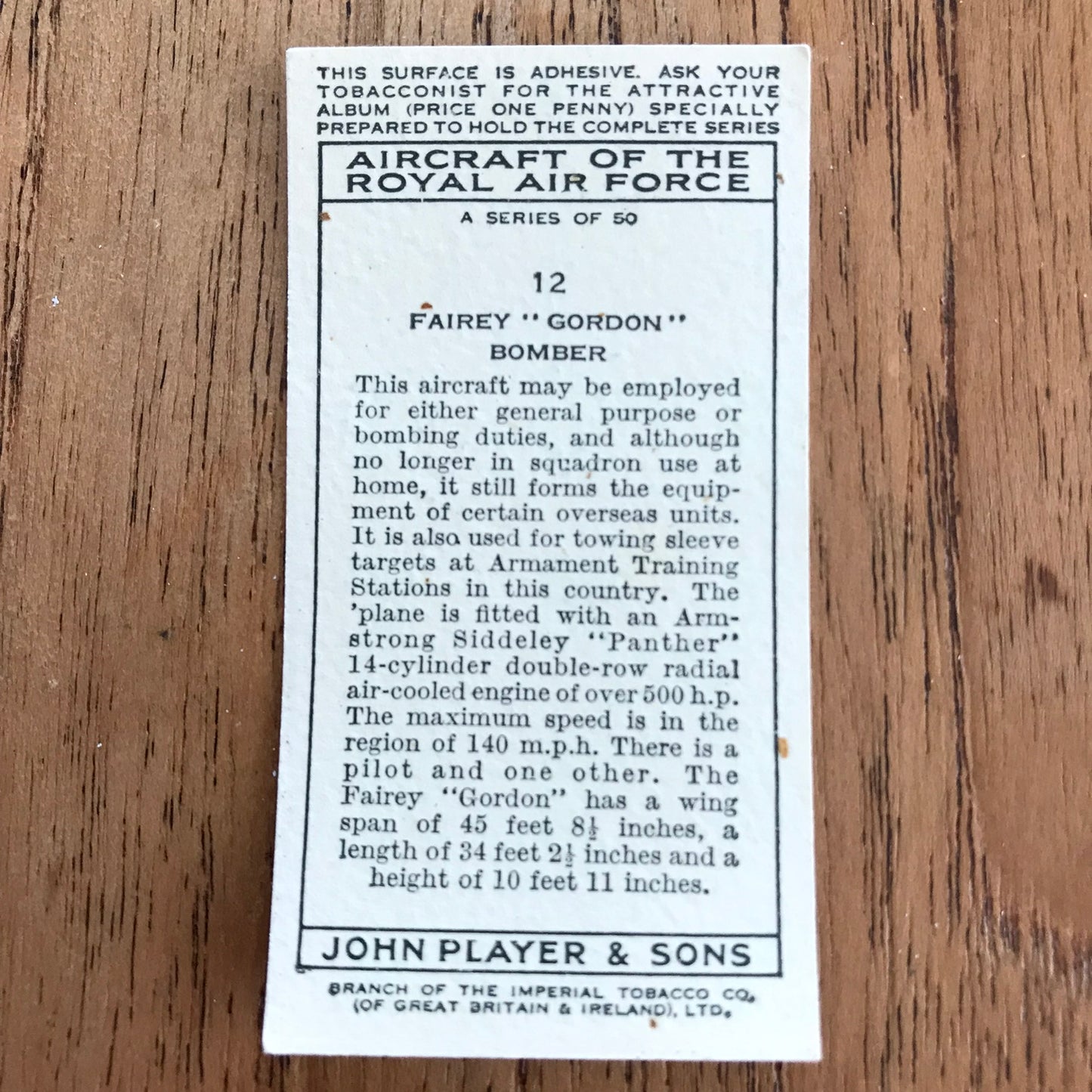 Aircraft Of The Royal Air Force. Player's cigarette cards. 1938. Sold individually. Take your pick!