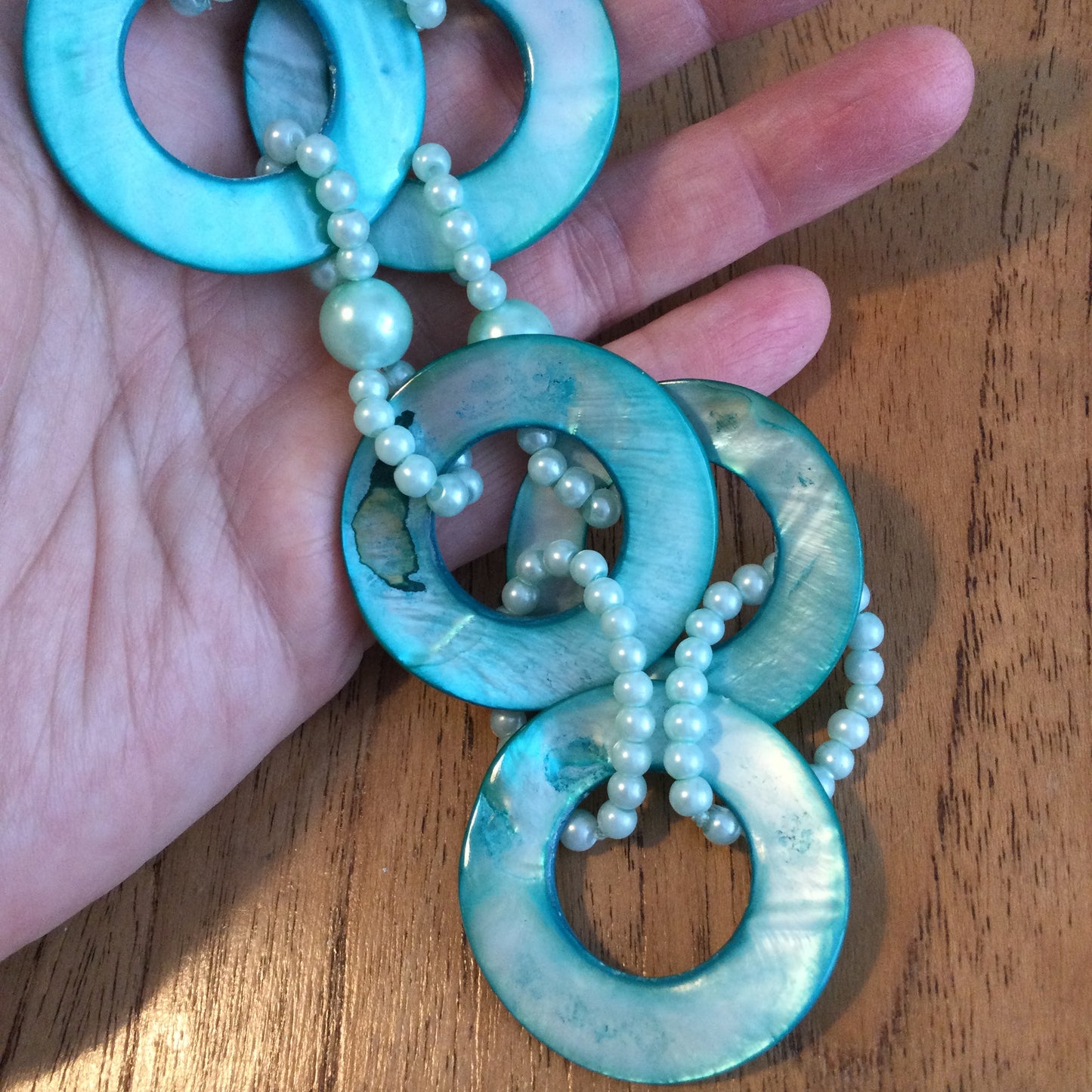 Statement Necklace Turquoise Coloured Mother Of Pearl Shell With Simulated Pearls. Summer jewellery.