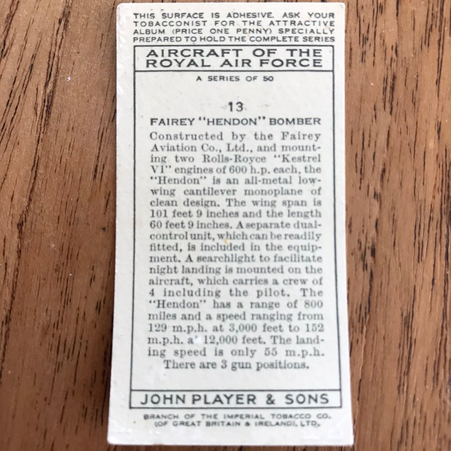 Aircraft Of The Royal Air Force. Player's cigarette cards. 1938. Sold individually. Take your pick!