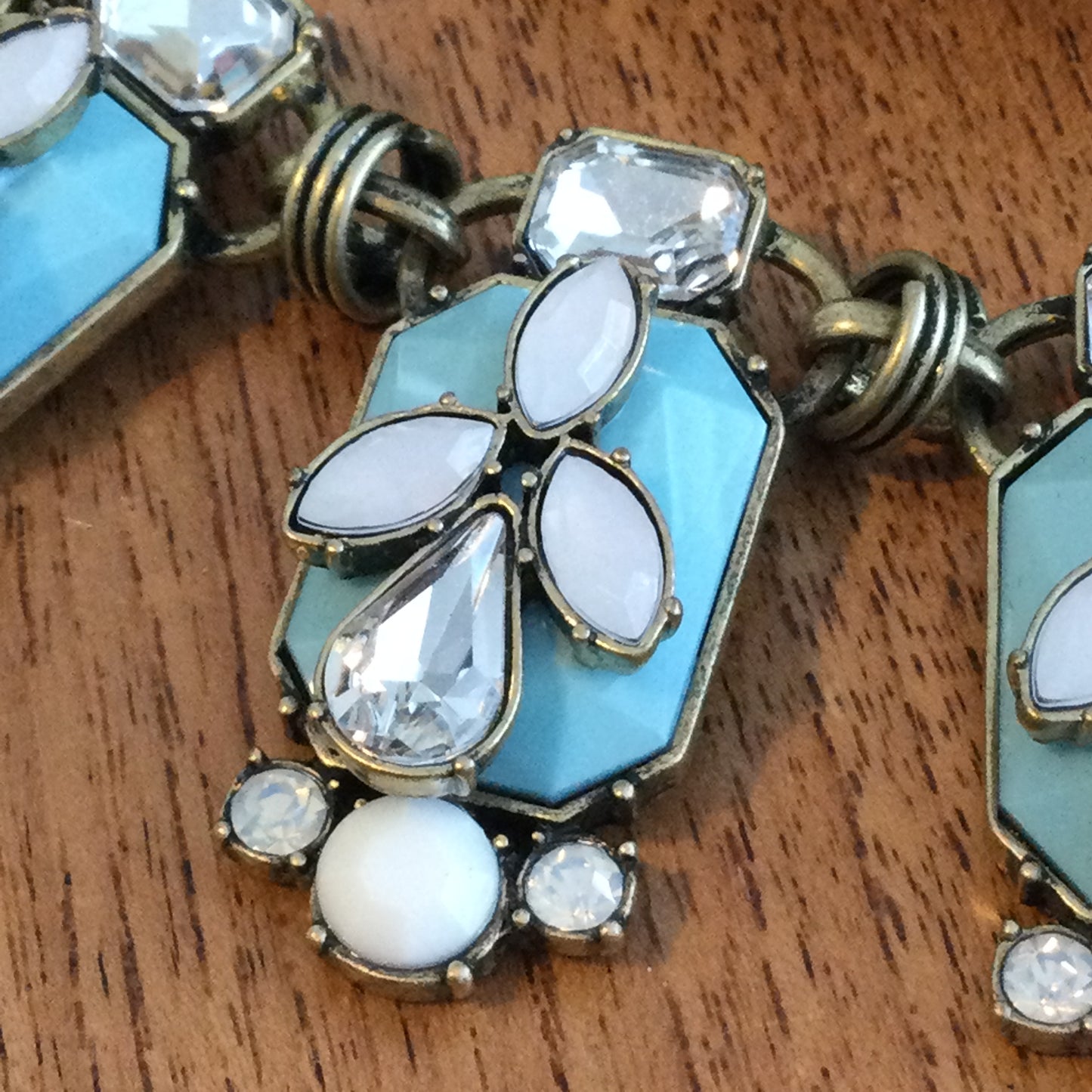 M&S Statement Collar Necklace. Antique Gold Tone With Chunky Turquoise Colour & Clear Cut Glass Stones