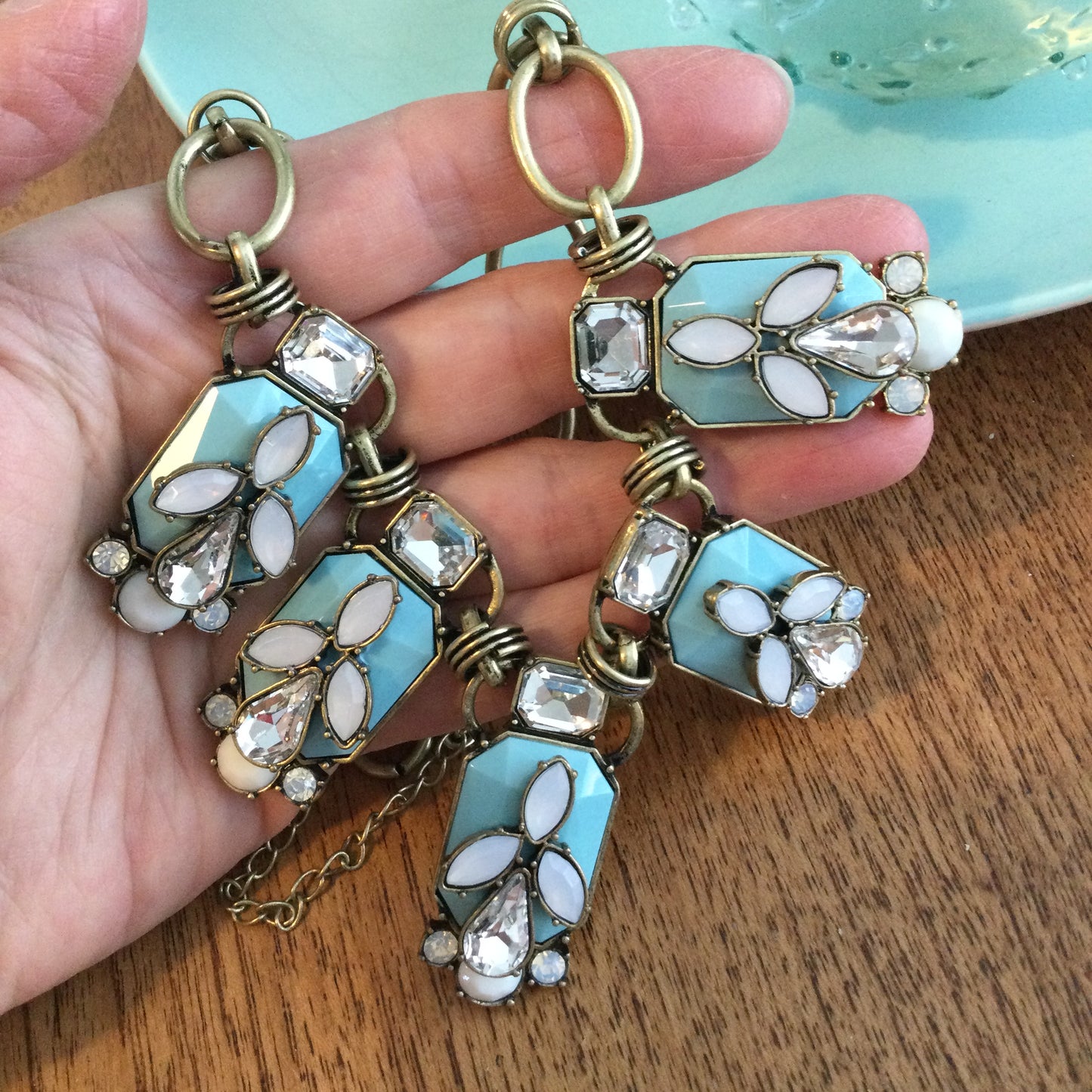 M&S Statement Collar Necklace. Antique Gold Tone With Chunky Turquoise Colour & Clear Cut Glass Stones