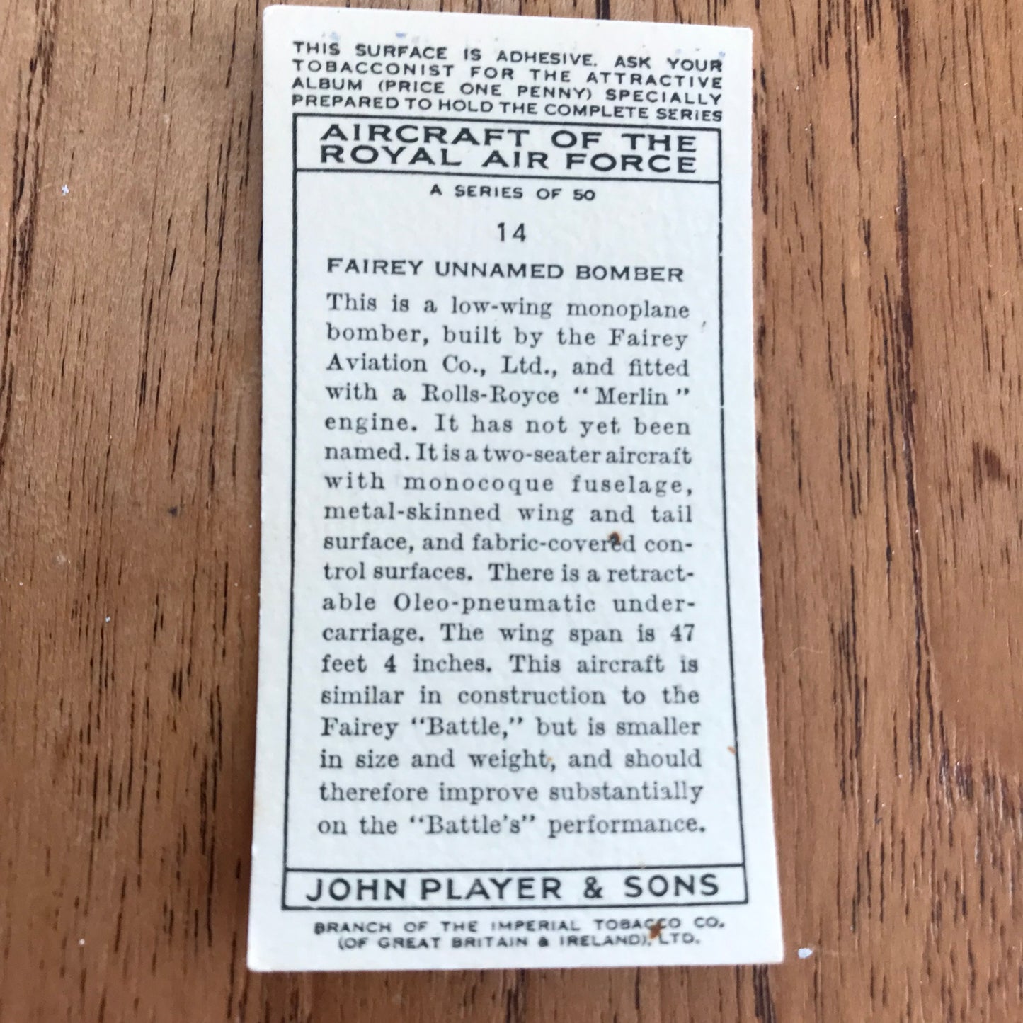 Aircraft Of The Royal Air Force. Player's cigarette cards. 1938. Sold individually. Take your pick!