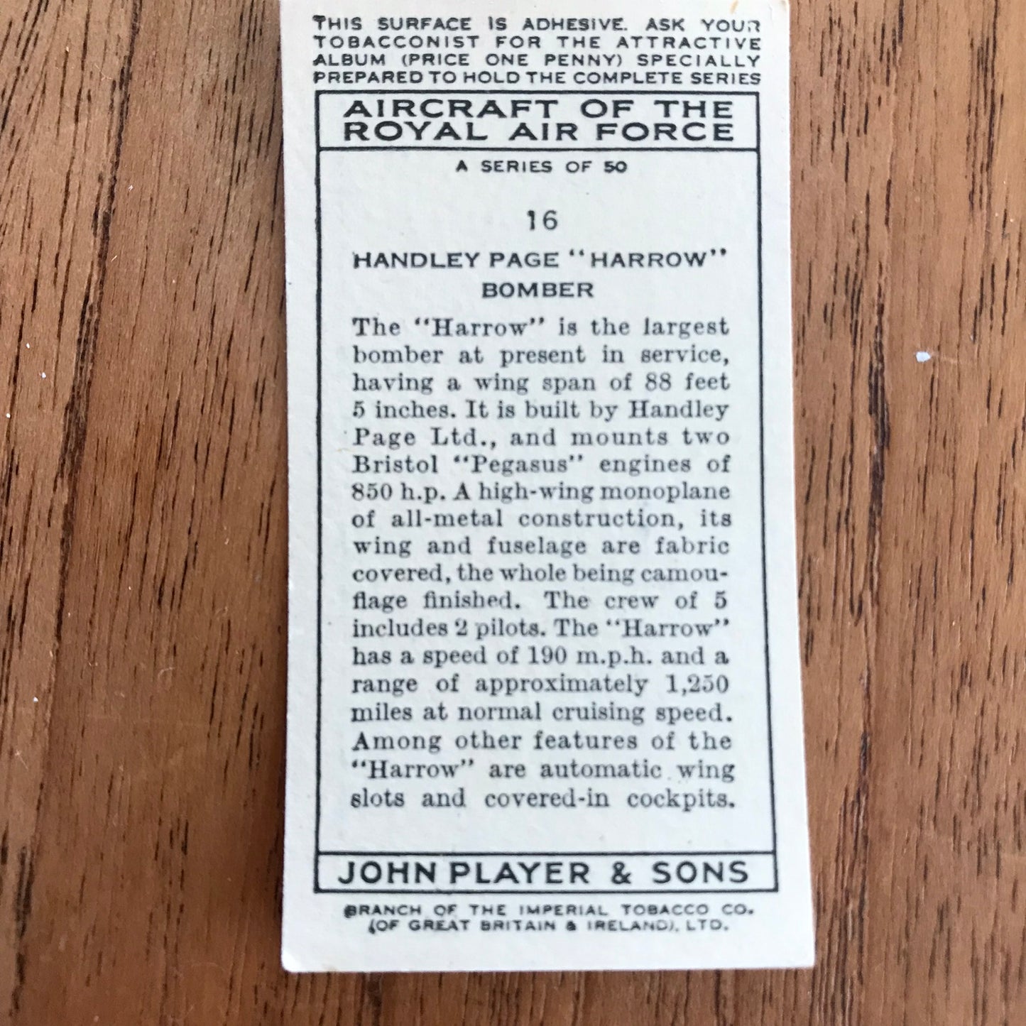 Aircraft Of The Royal Air Force. Player's cigarette cards. 1938. Sold individually. Take your pick!