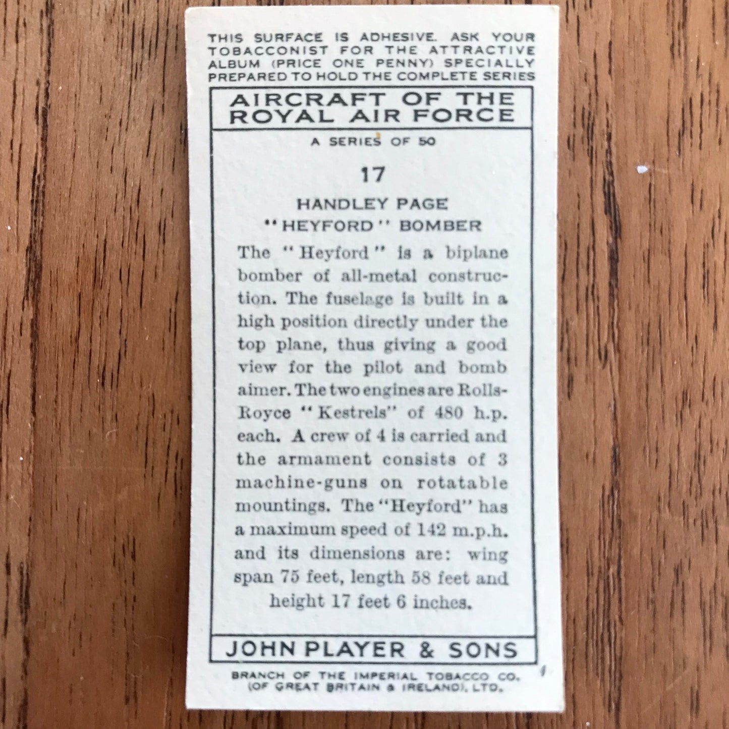 Aircraft Of The Royal Air Force. Player's cigarette cards. 1938. Sold individually. Take your pick!