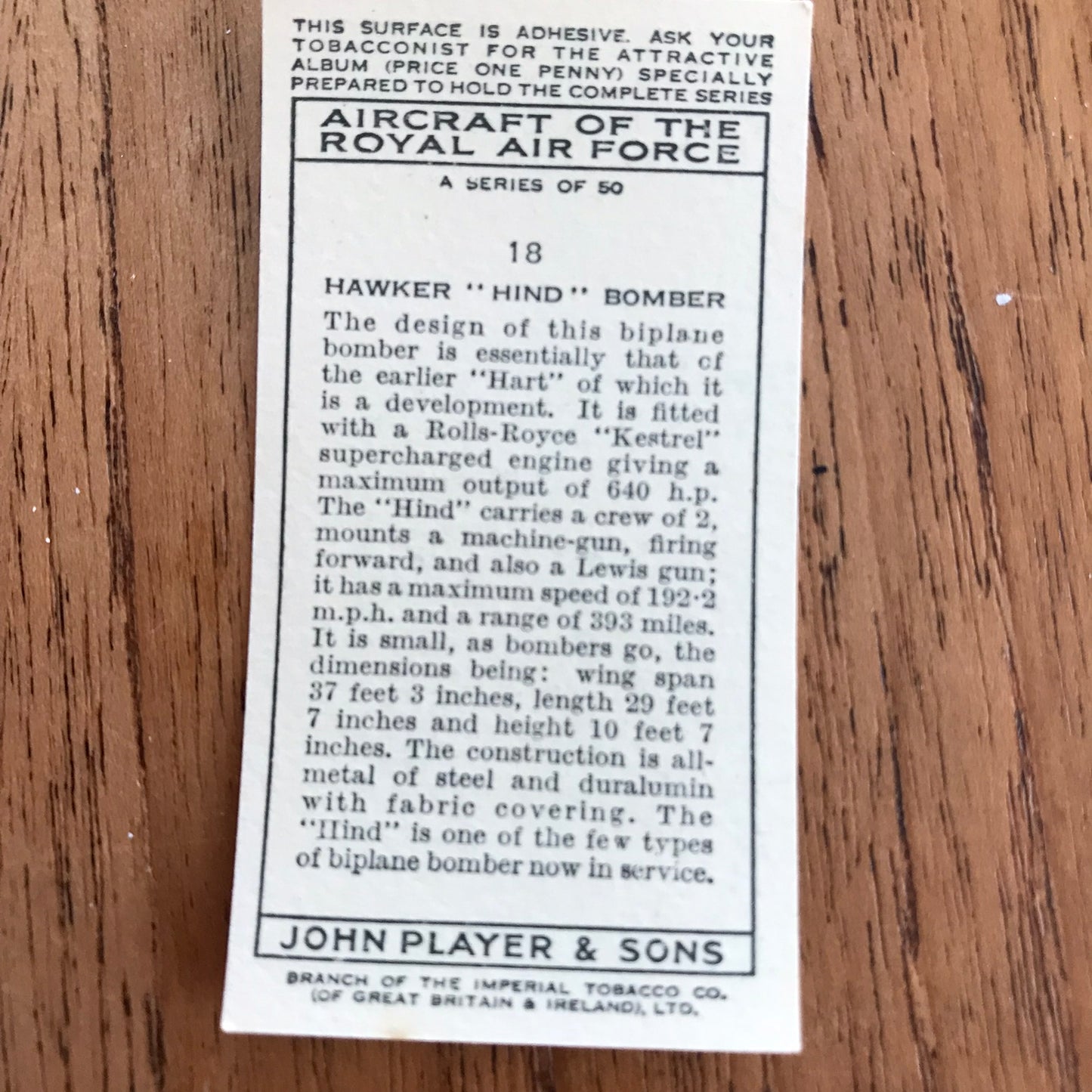 Aircraft Of The Royal Air Force. Player's cigarette cards. 1938. Sold individually. Take your pick!