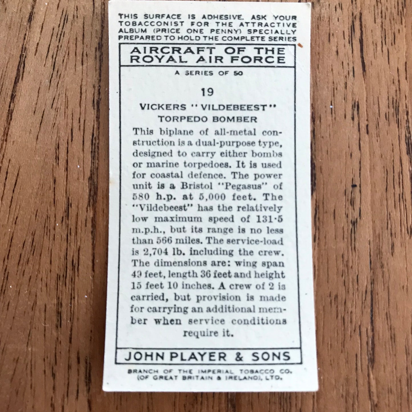 Aircraft Of The Royal Air Force. Player's cigarette cards. 1938. Sold individually. Take your pick!