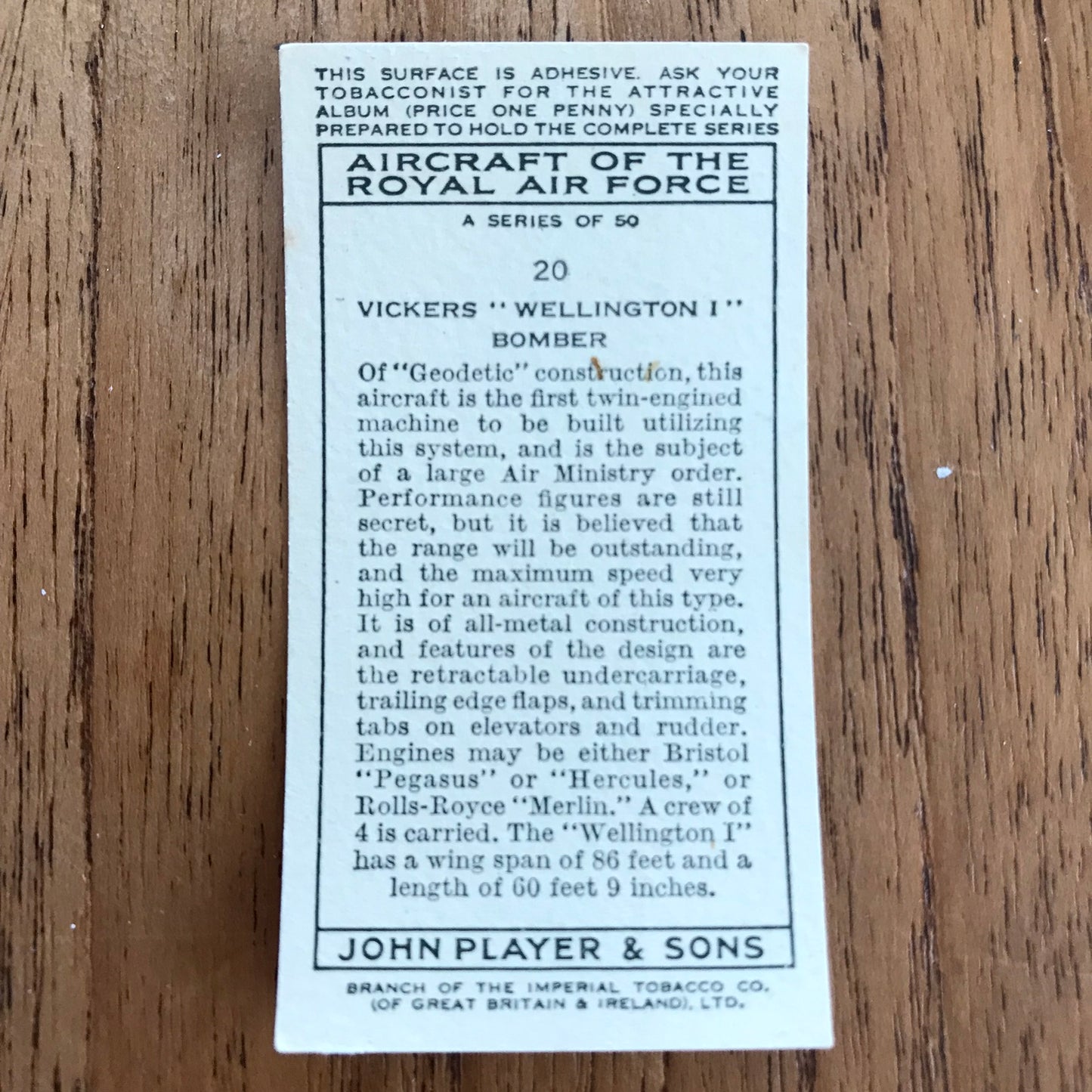 Aircraft Of The Royal Air Force. Player's cigarette cards. 1938. Sold individually. Take your pick!