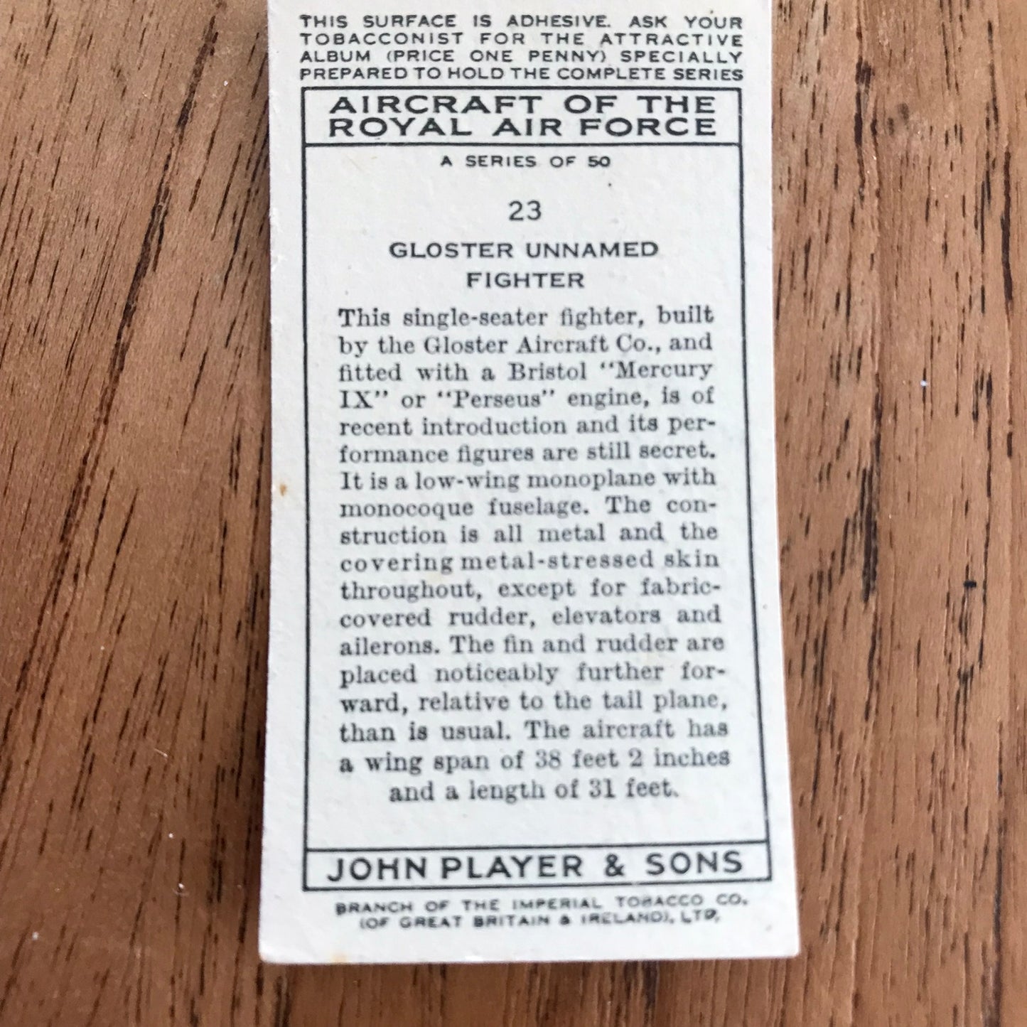 Aircraft Of The Royal Air Force. Player's cigarette cards. 1938. Sold individually. Take your pick!