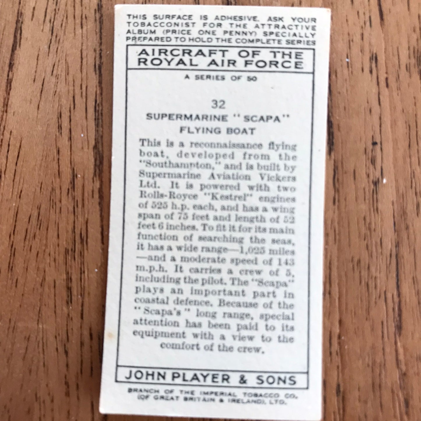 Aircraft Of The Royal Air Force. Player's cigarette cards. 1938. Sold individually. Take your pick!