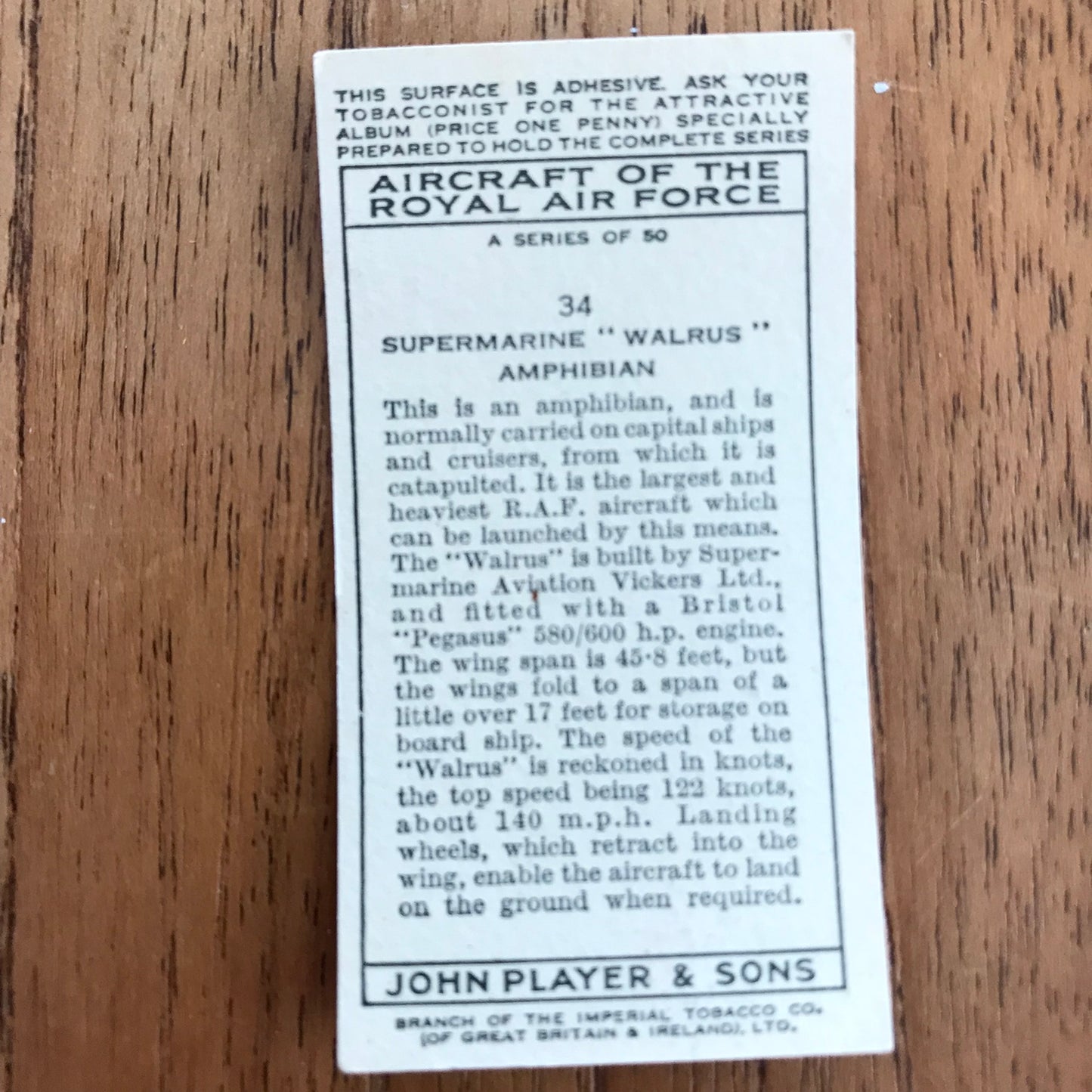 Aircraft Of The Royal Air Force. Player's cigarette cards. 1938. Sold individually. Take your pick!