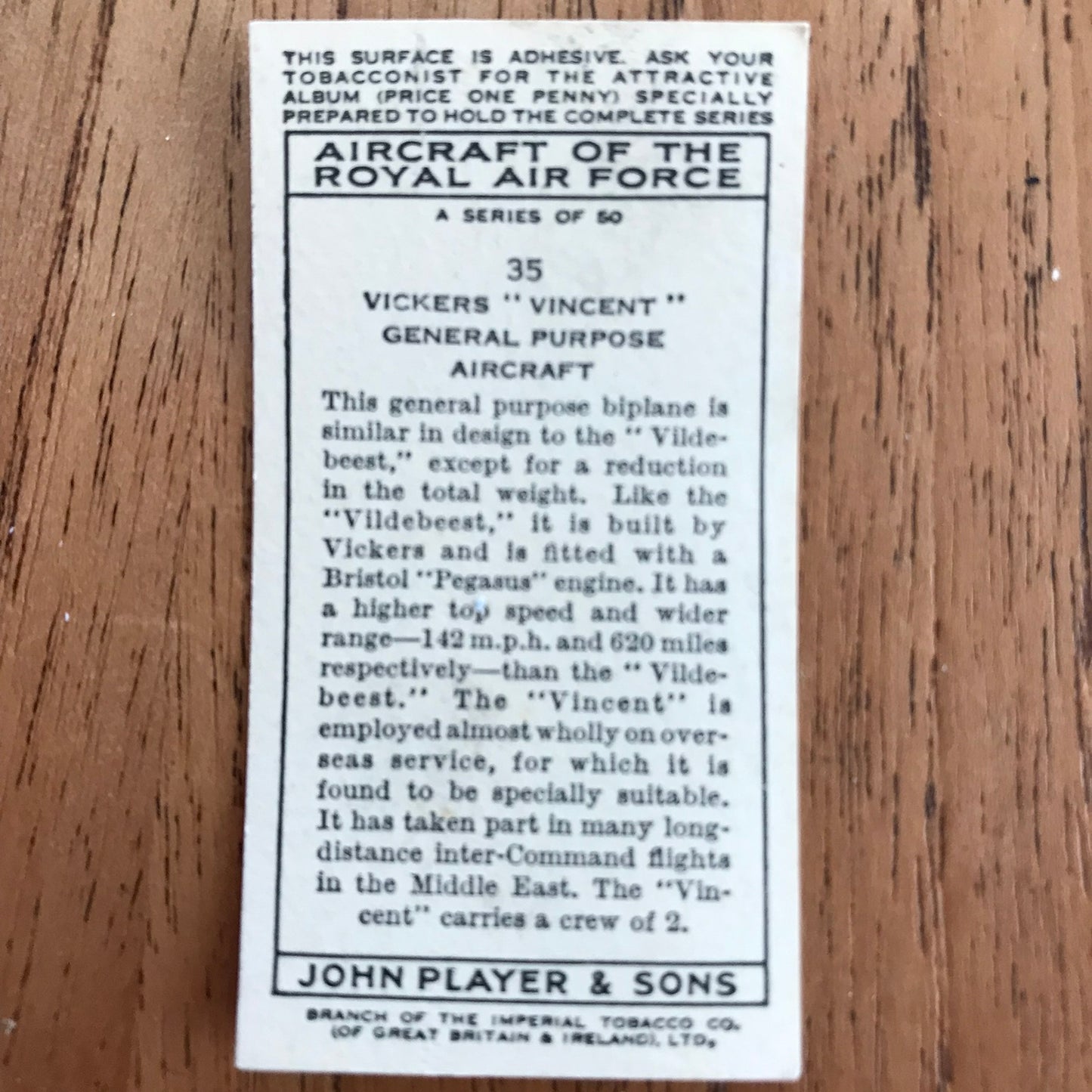 Aircraft Of The Royal Air Force. Player's cigarette cards. 1938. Sold individually. Take your pick!