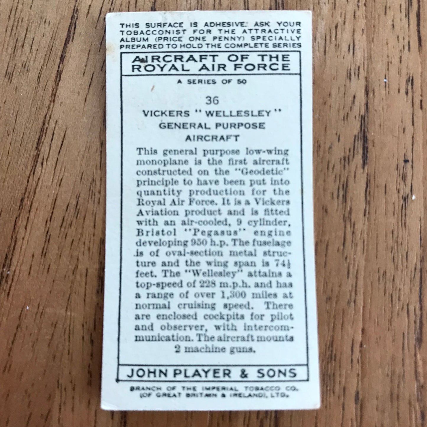 Aircraft Of The Royal Air Force. Player's cigarette cards. 1938. Sold individually. Take your pick!