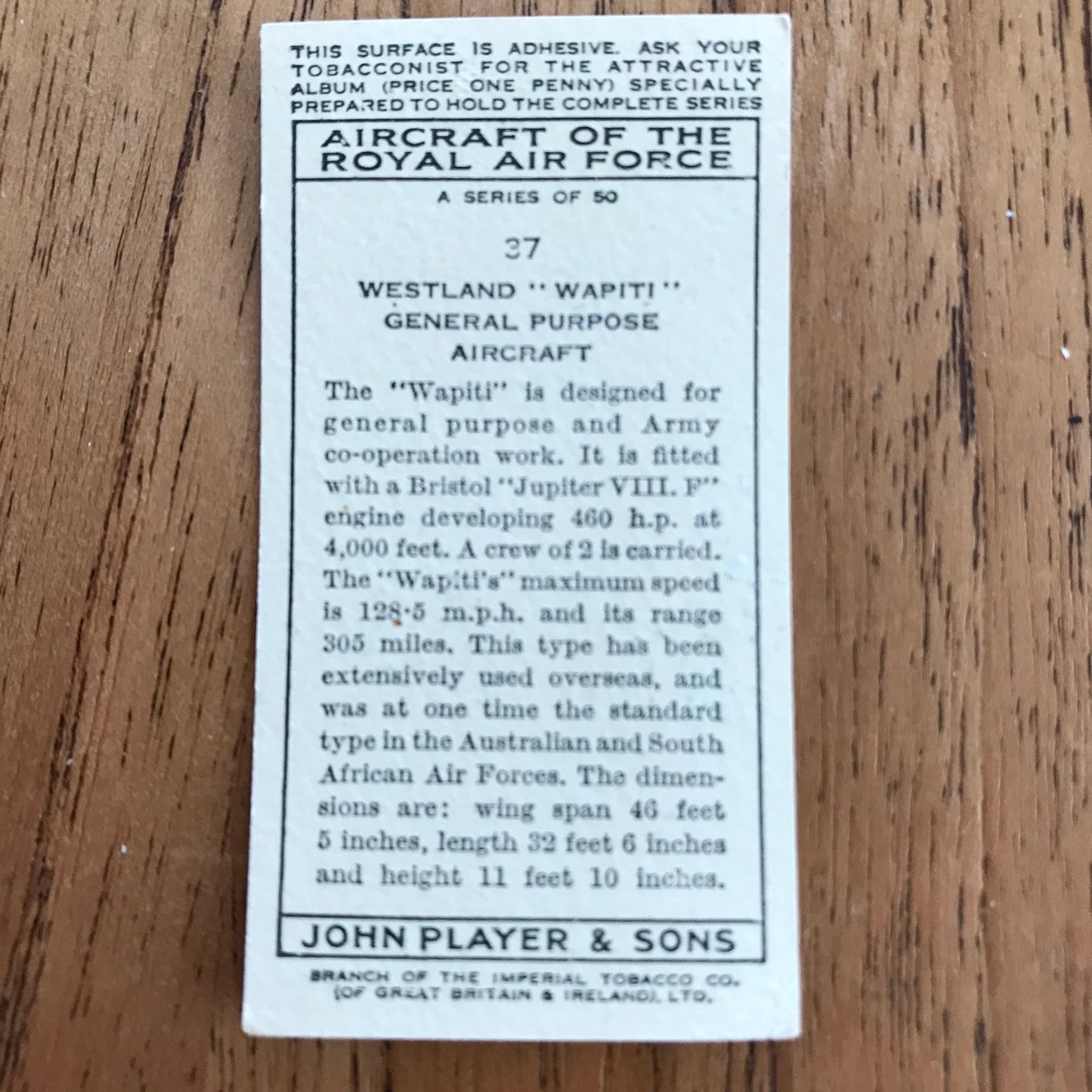 Aircraft Of The Royal Air Force. Player's cigarette cards. 1938. Sold individually. Take your pick!