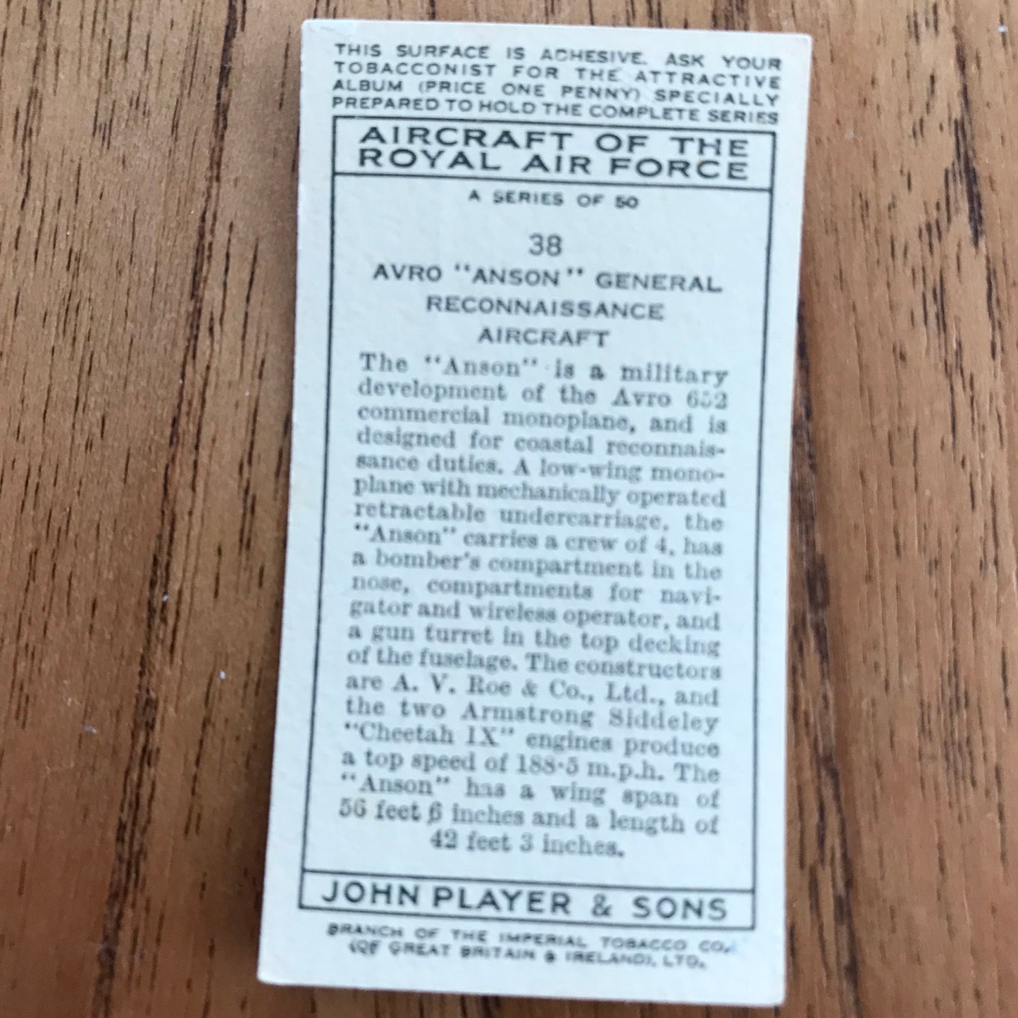 Aircraft Of The Royal Air Force. Player's cigarette cards. 1938. Sold individually. Take your pick!