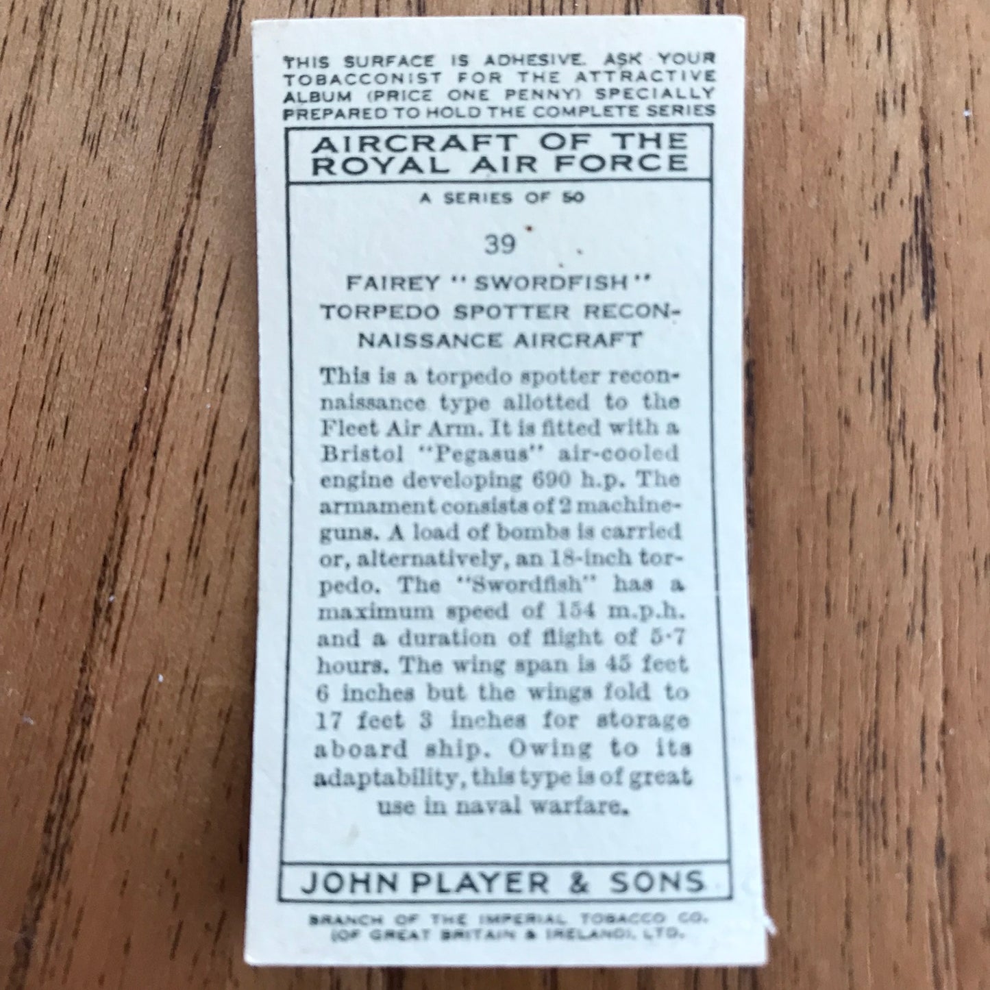 Aircraft Of The Royal Air Force. Player's cigarette cards. 1938. Sold individually. Take your pick!