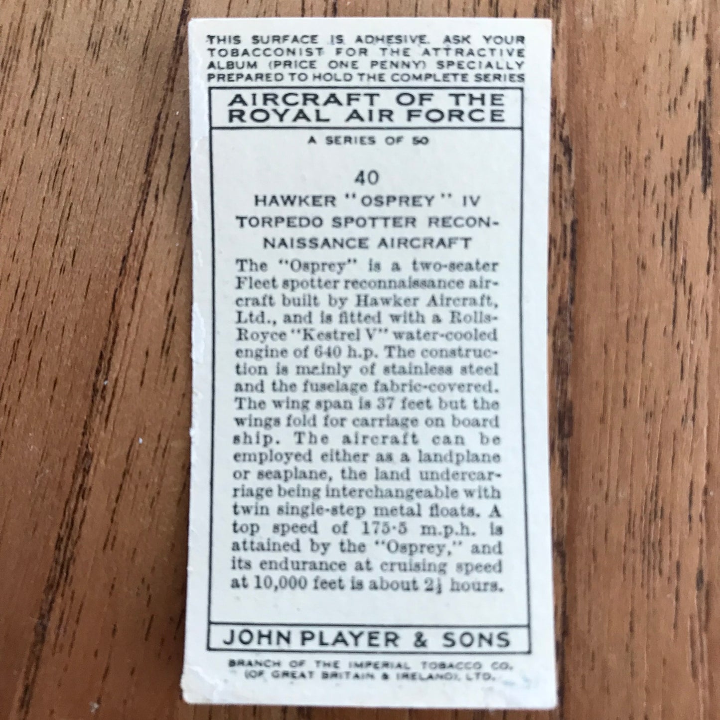 Aircraft Of The Royal Air Force. Player's cigarette cards. 1938. Sold individually. Take your pick!