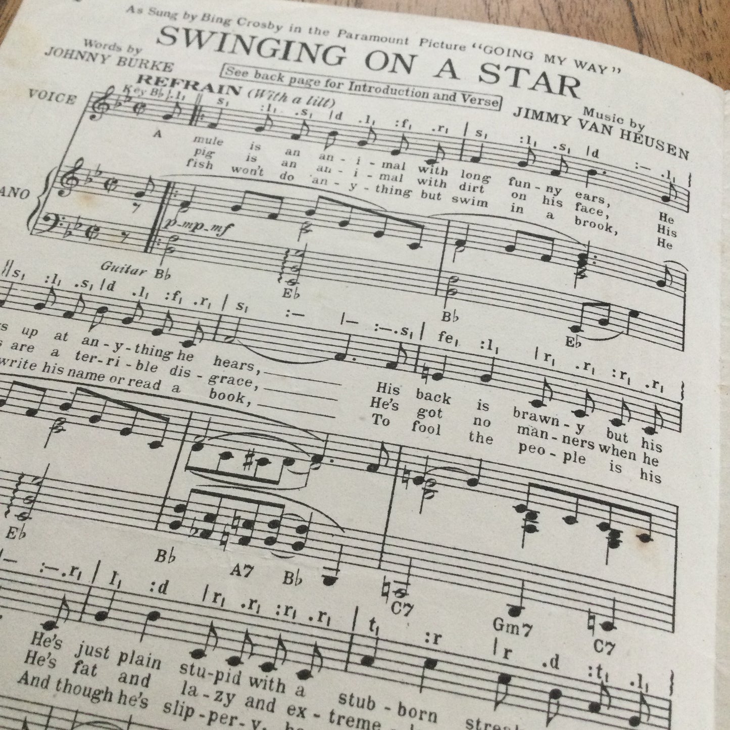 Vintage Sheet Music 'Swinging On A Star' from 'Going My Way' Bing Crosby Johnny Burke Jimmy Van Heusen