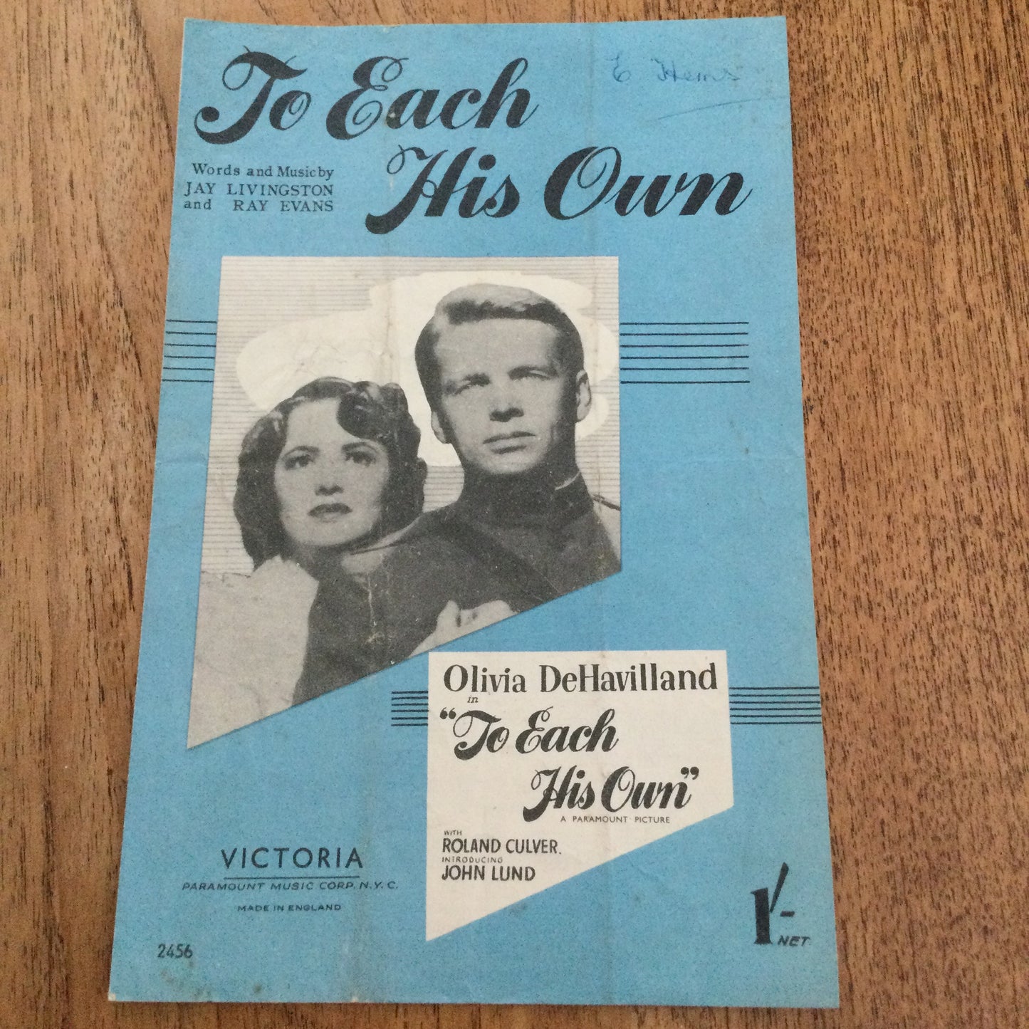 Vintage Sheet Music 'To Each His Own' Olivia DeHavilland movie memorabilia Jay Livingston Ray Evans