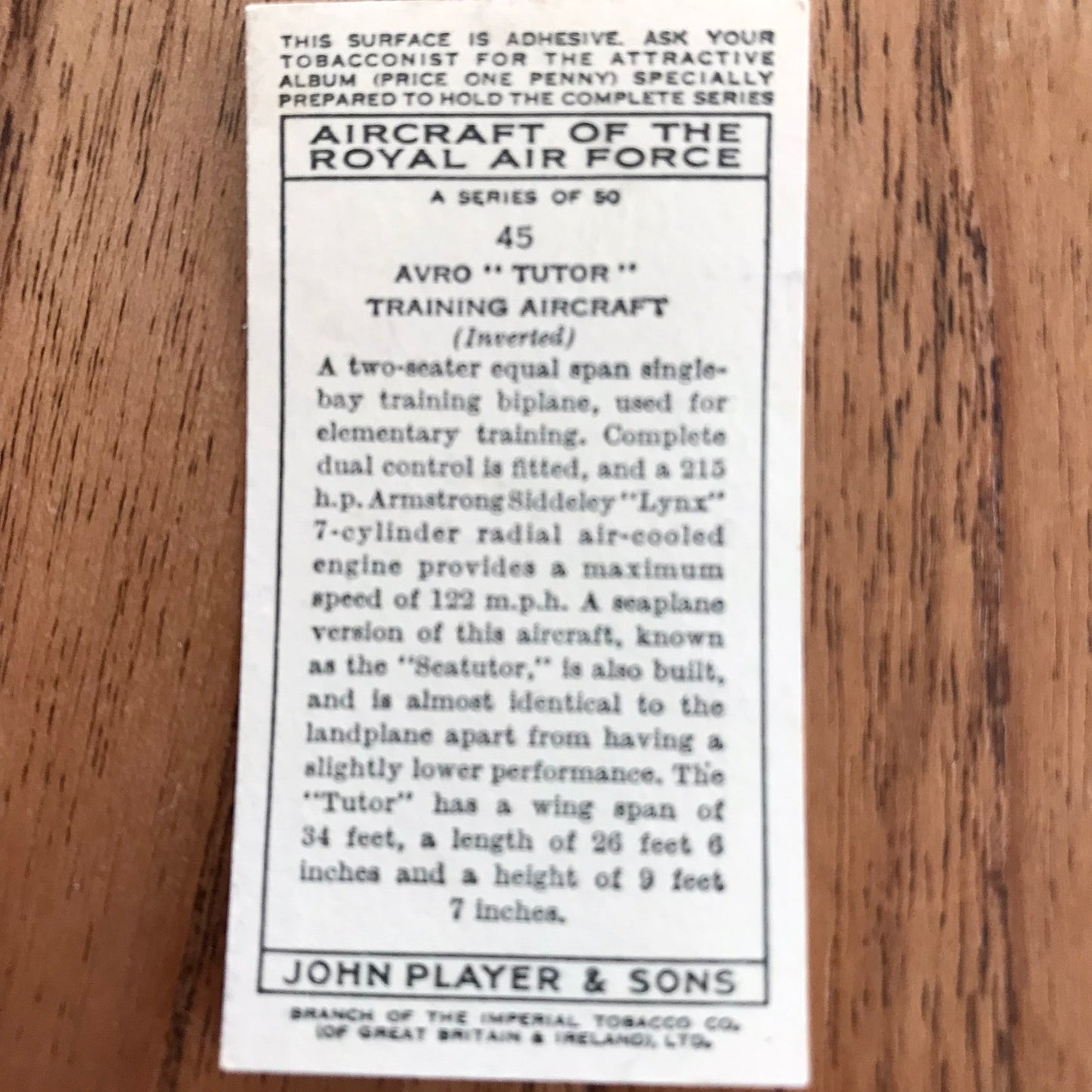 Aircraft Of The Royal Air Force. Player's cigarette cards. 1938. Sold individually. Take your pick!