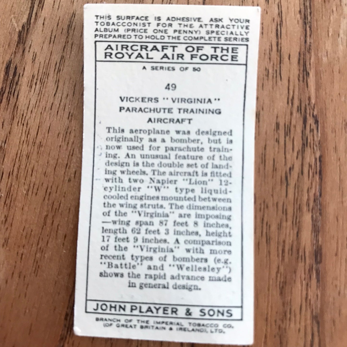 Aircraft Of The Royal Air Force. Player's cigarette cards. 1938. Sold individually. Take your pick!