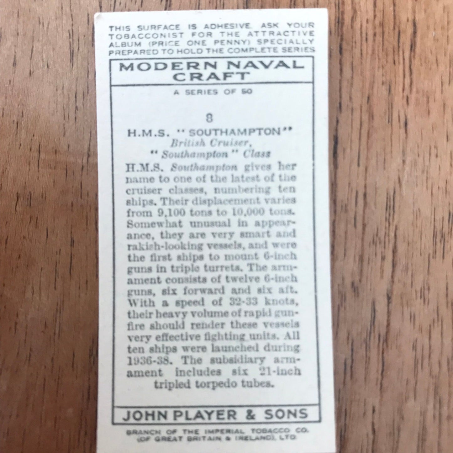 Modern Naval Craft. Players Cigarette Cards. 1939. Sold individually - take your pick. 1930s navy memorabilia.