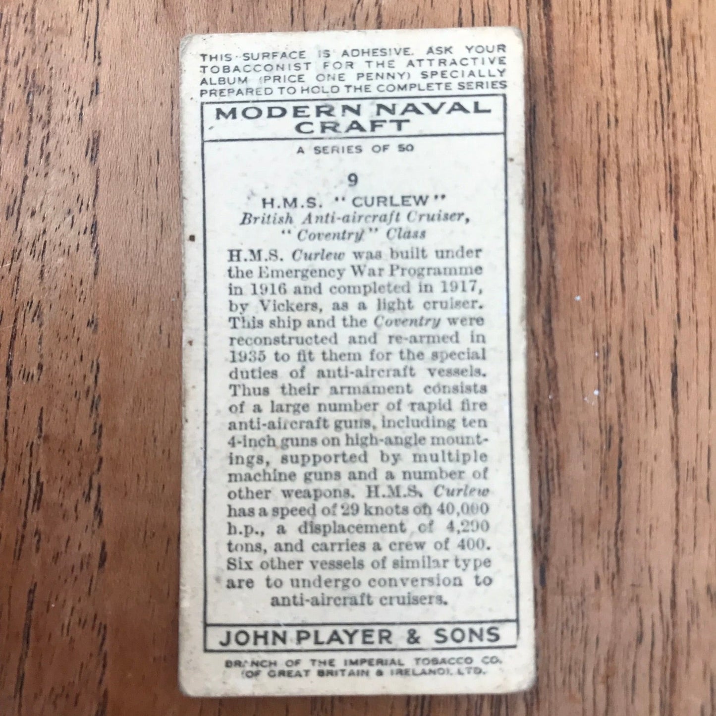 Modern Naval Craft. Players Cigarette Cards. 1939. Sold individually - take your pick. 1930s navy memorabilia.