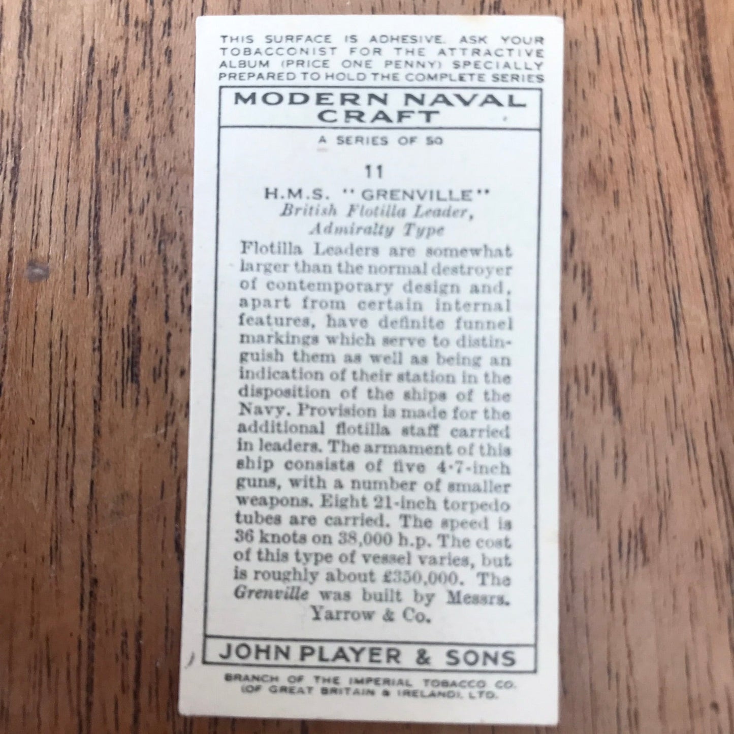 Modern Naval Craft. Players Cigarette Cards. 1939. Sold individually - take your pick. 1930s navy memorabilia.