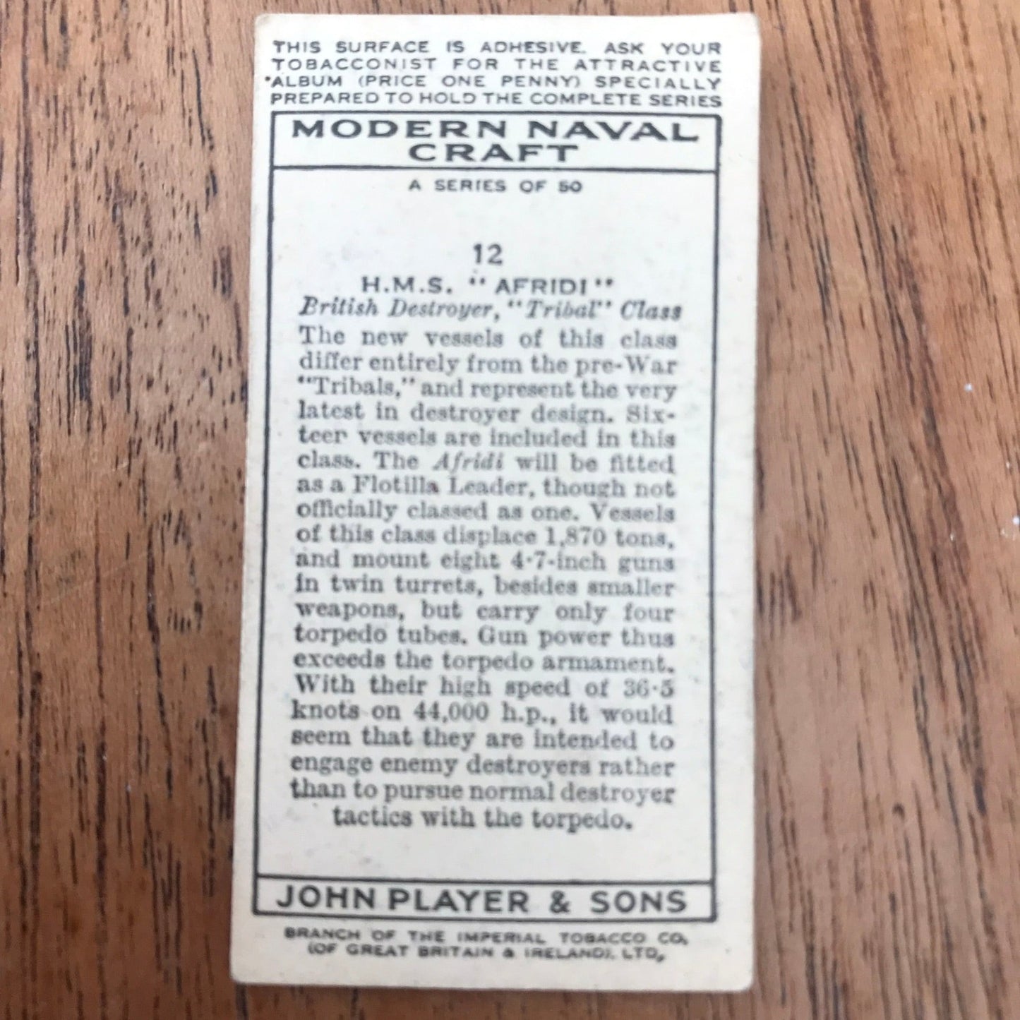 Modern Naval Craft. Players Cigarette Cards. 1939. Sold individually - take your pick. 1930s navy memorabilia.